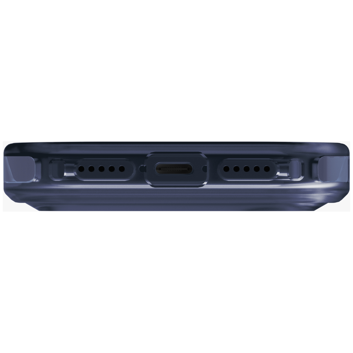 Close-up of the bottom edge of a dark phone case showing charging port and speaker holes.