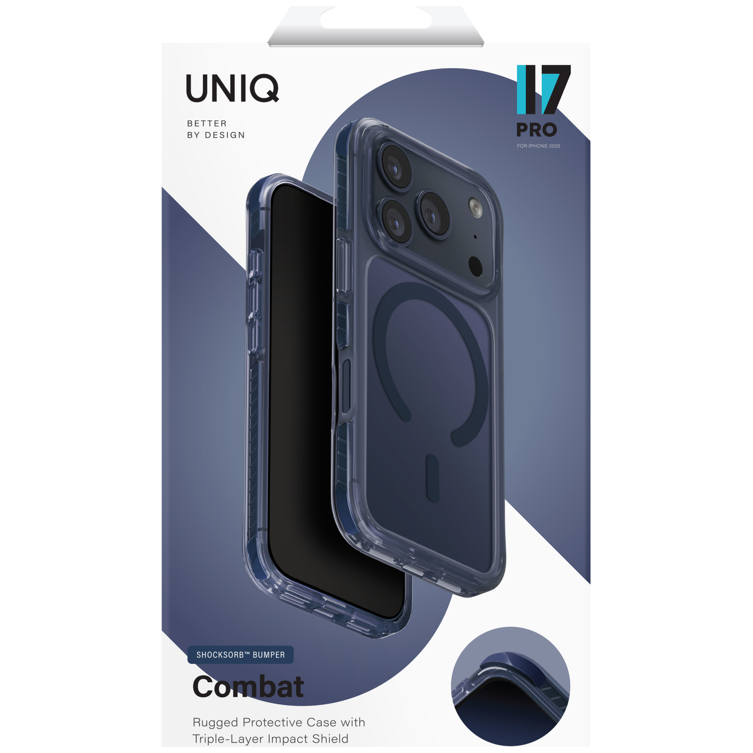 Clear case for iPhone 17 Pro with blue edge and camera detail.