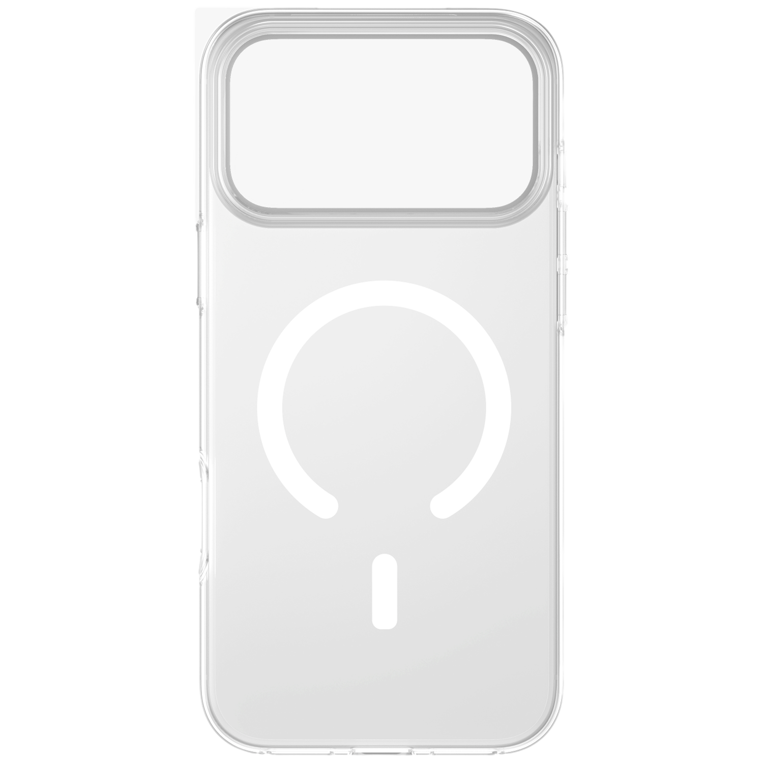 Clear phone case with a white magnetic ring symbol.