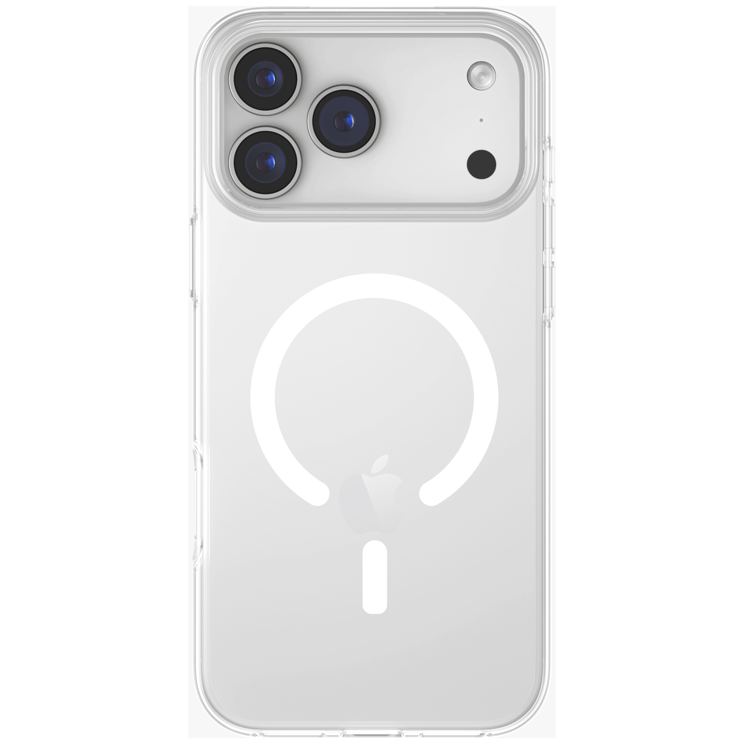Clear phone case with three camera lenses and an Apple logo.
