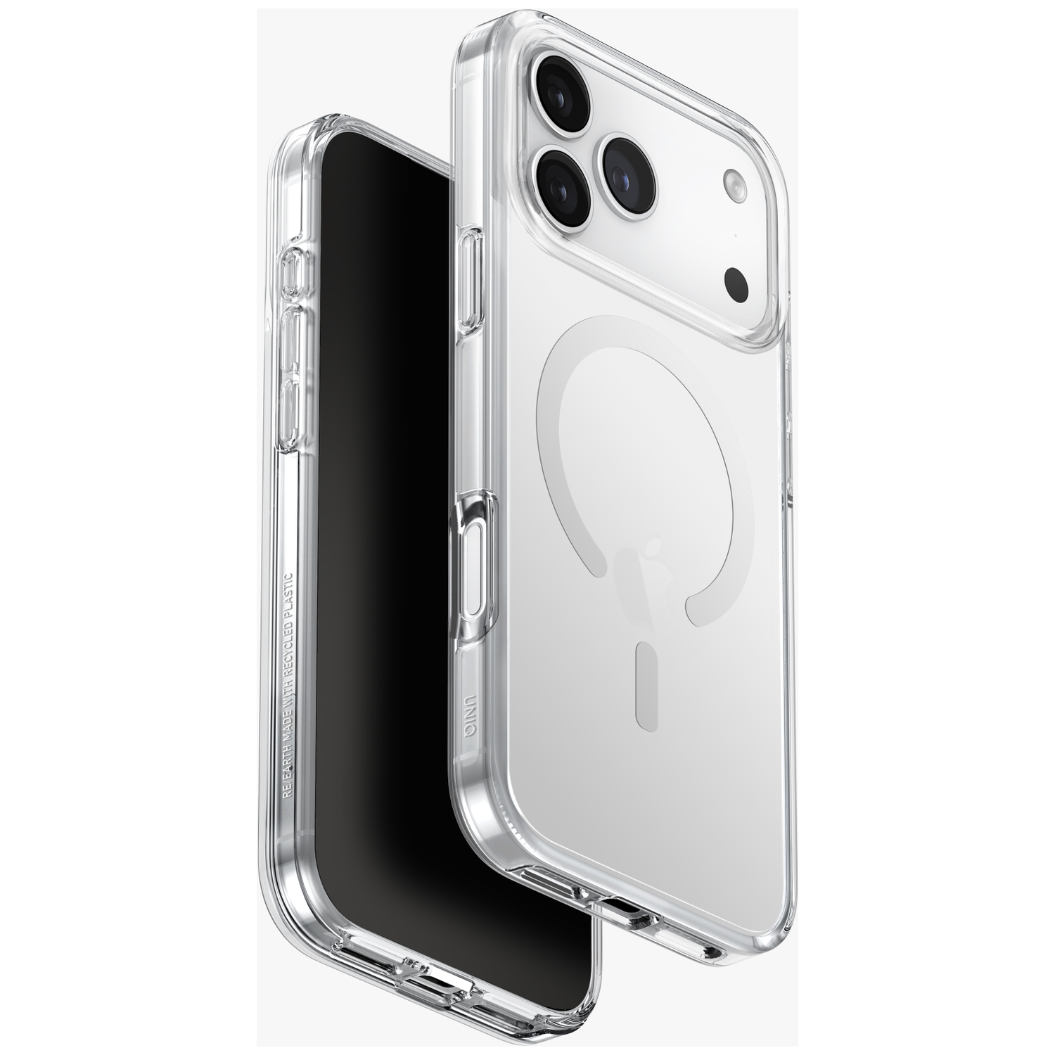A clear phone case featuring a magnetic ring and three cameras.