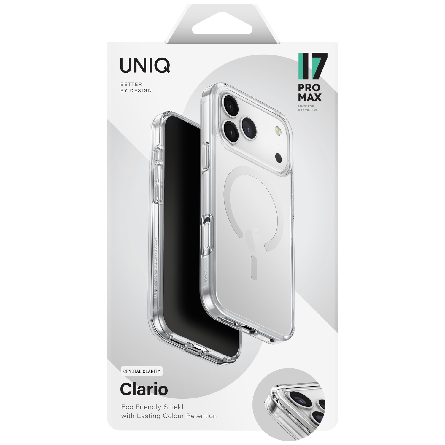 Clear UNIQ case for iPhone 17 Pro Max, showing crystal clarity and eco-friendly design.