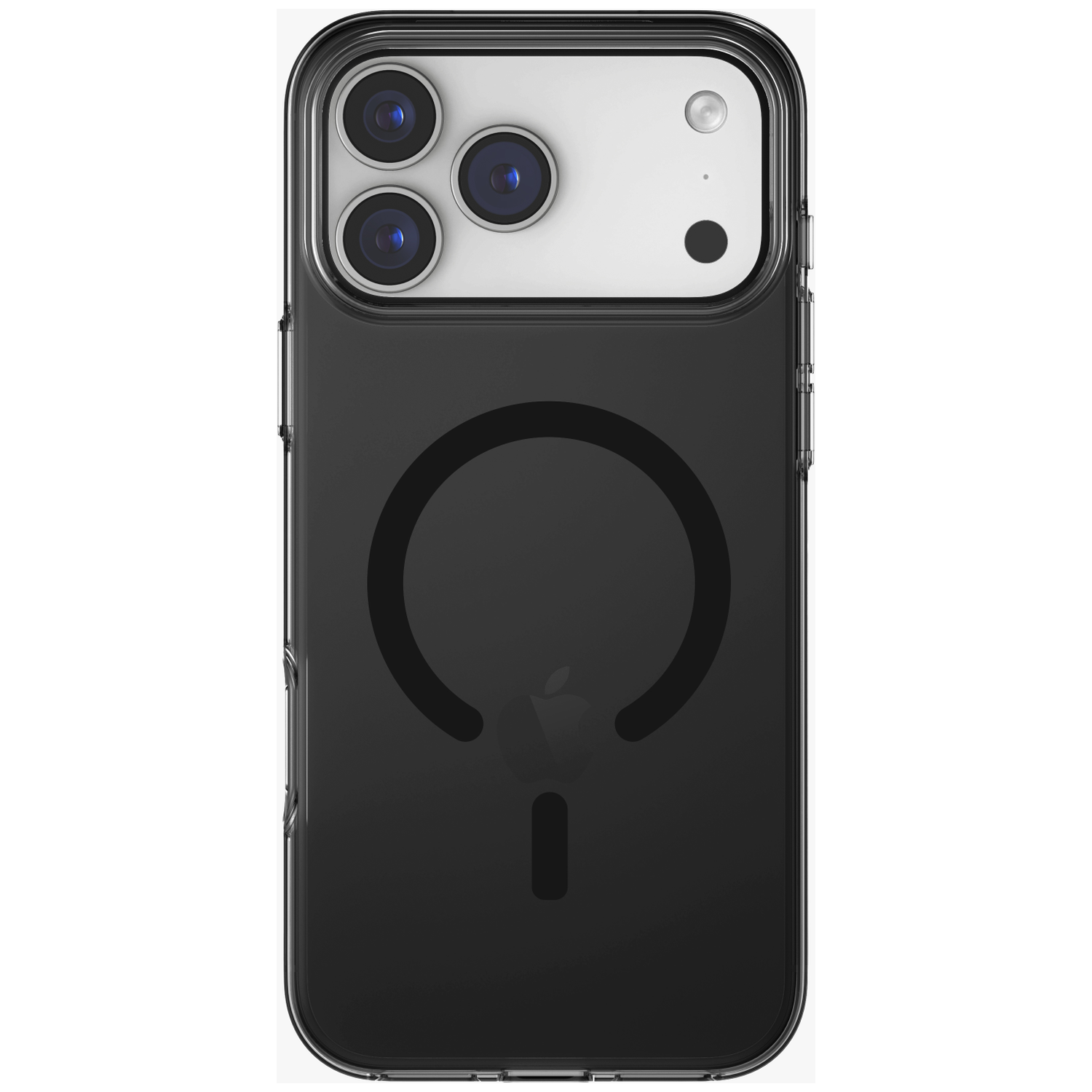 Transparante iPhone hoes met drie camera's en Apple logo.