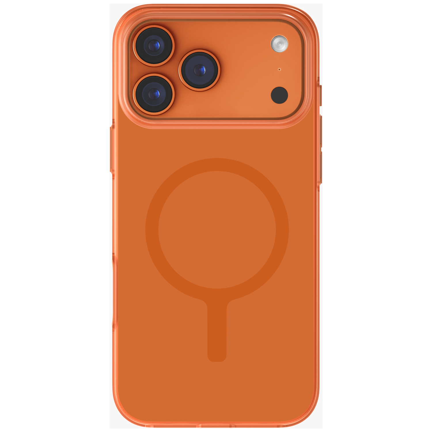 Orange phone case with three camera lenses and flash.