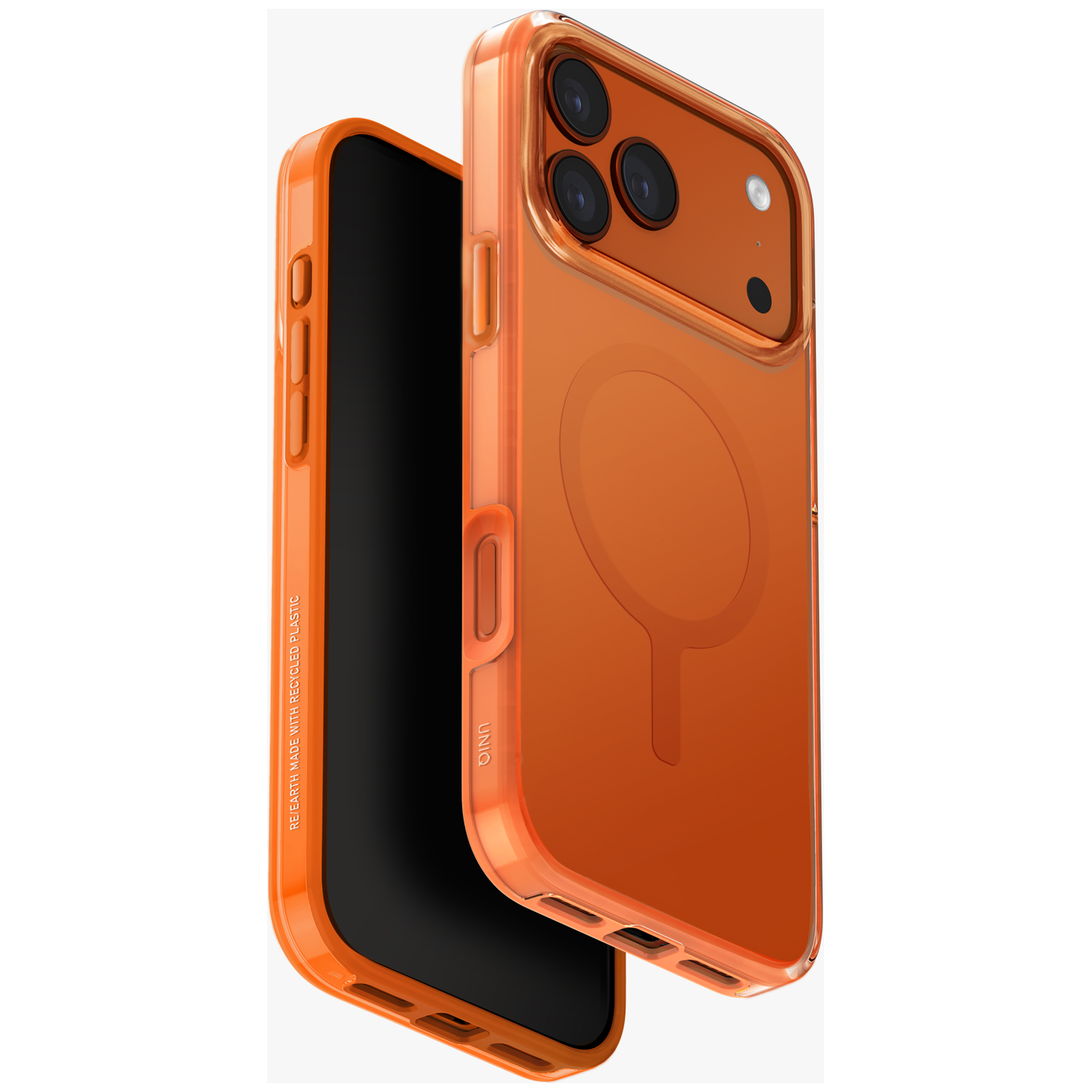 Transparent orange case with MagSafe circle for an iPhone, white background.