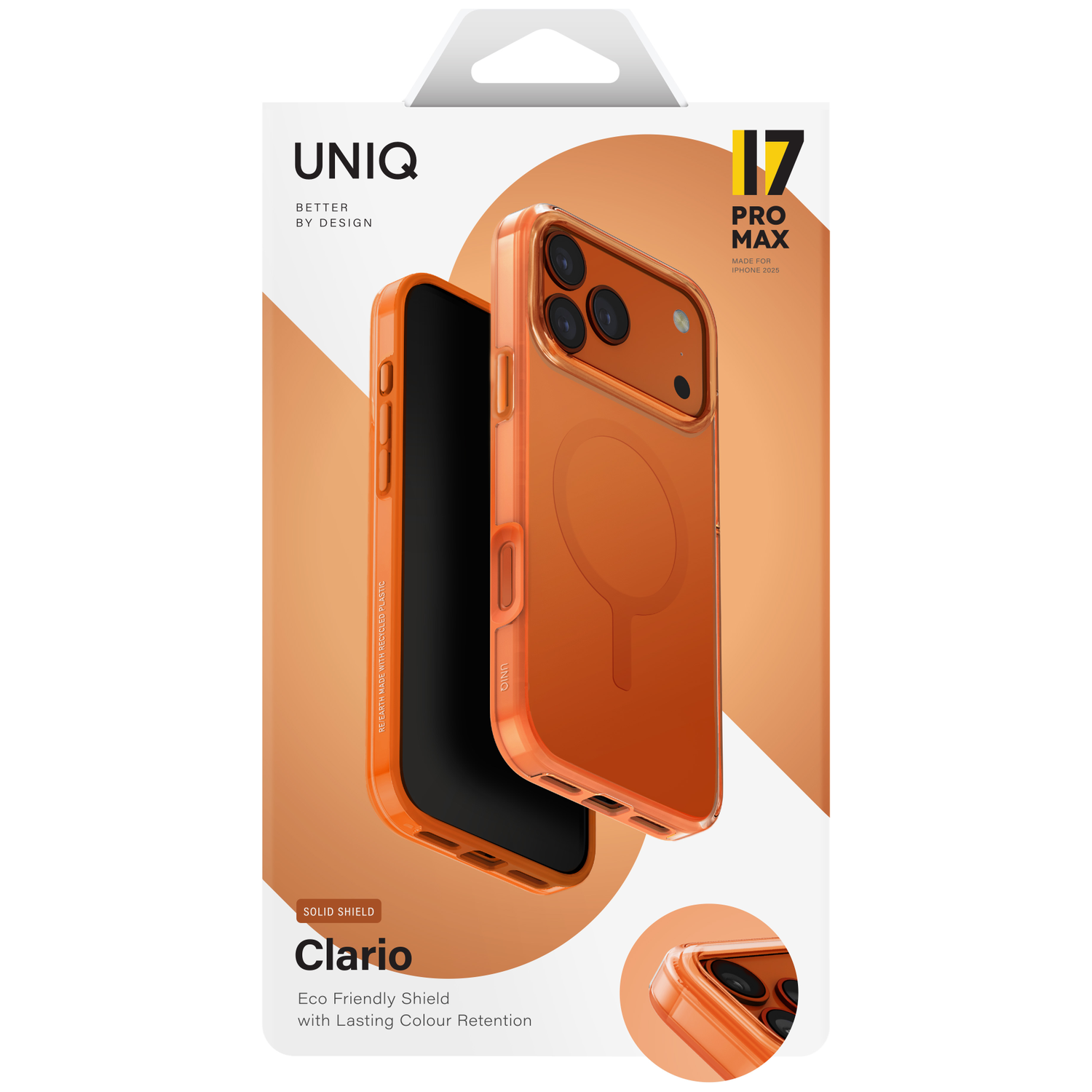 Orange UNIQ iPhone 17 Pro Max case made of recycled plastic.