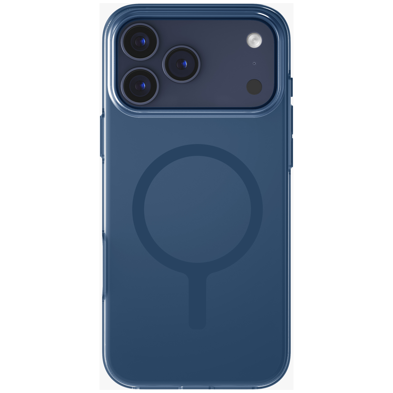 Dark blue phone case with three camera lenses and a circular design.