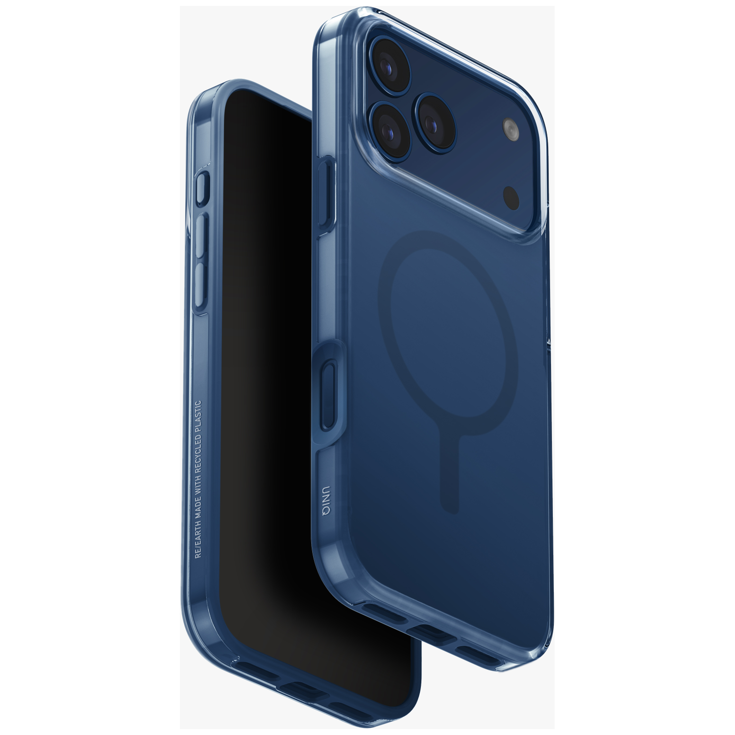 A transparent blue phone case with three cameras and a magnetic ring.