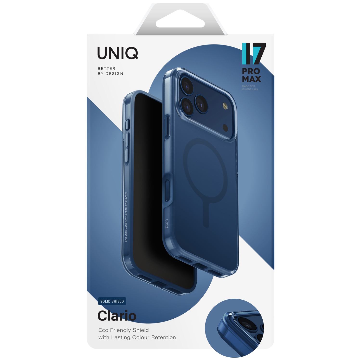 Blue UNIQ iPhone 14 Pro Max case, "Clario" text visible.