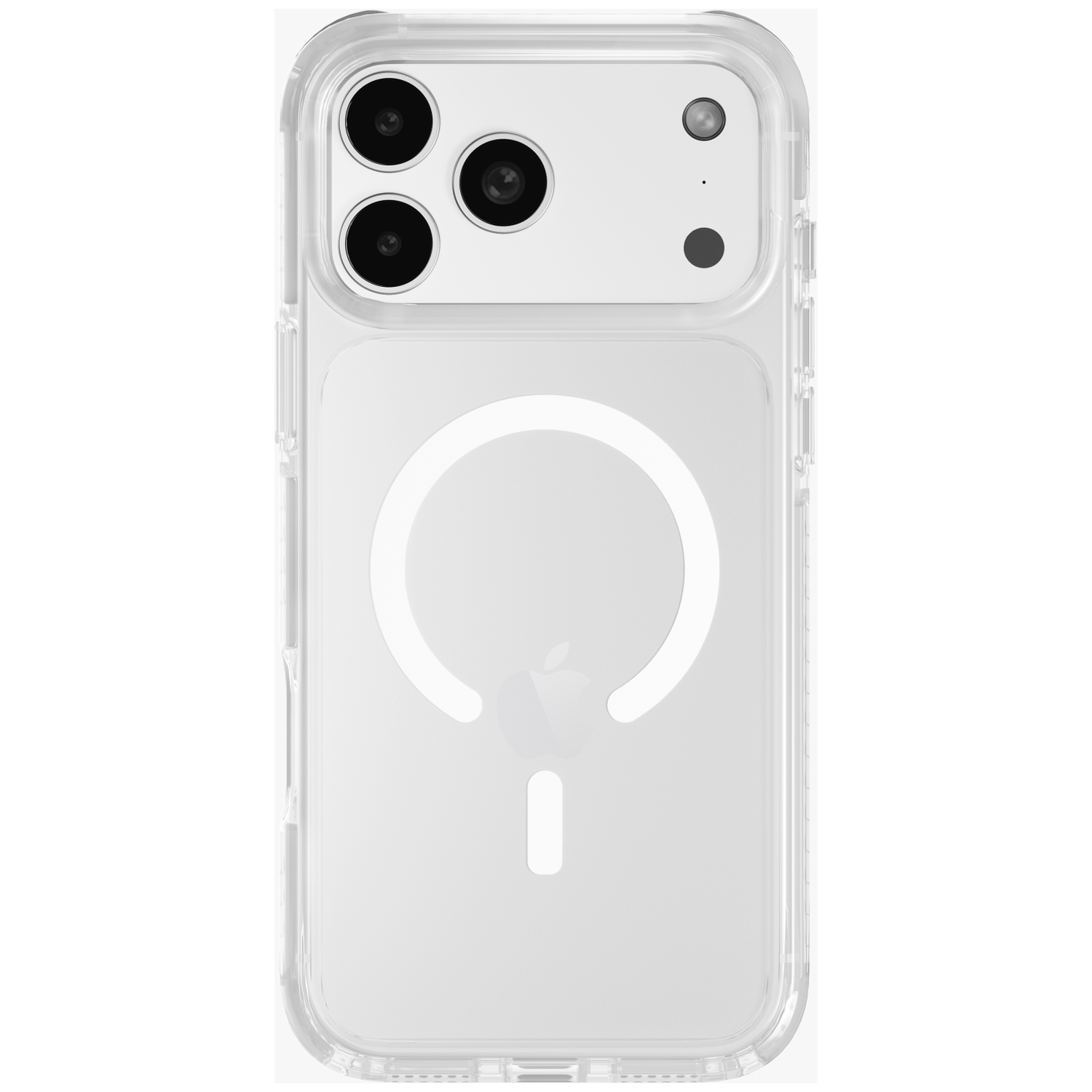 Clear phone case with camera cutout and circular MagSafe magnet.