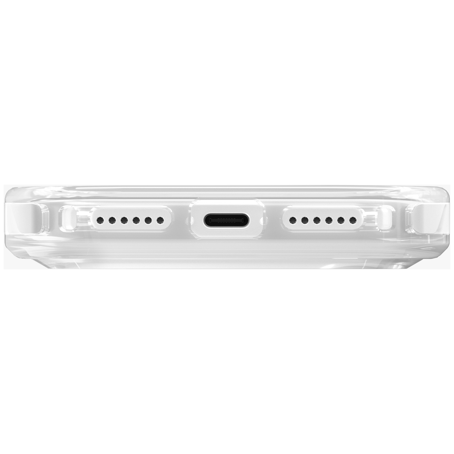 Bottom view of a clear phone case with USB-C port and speaker grilles.