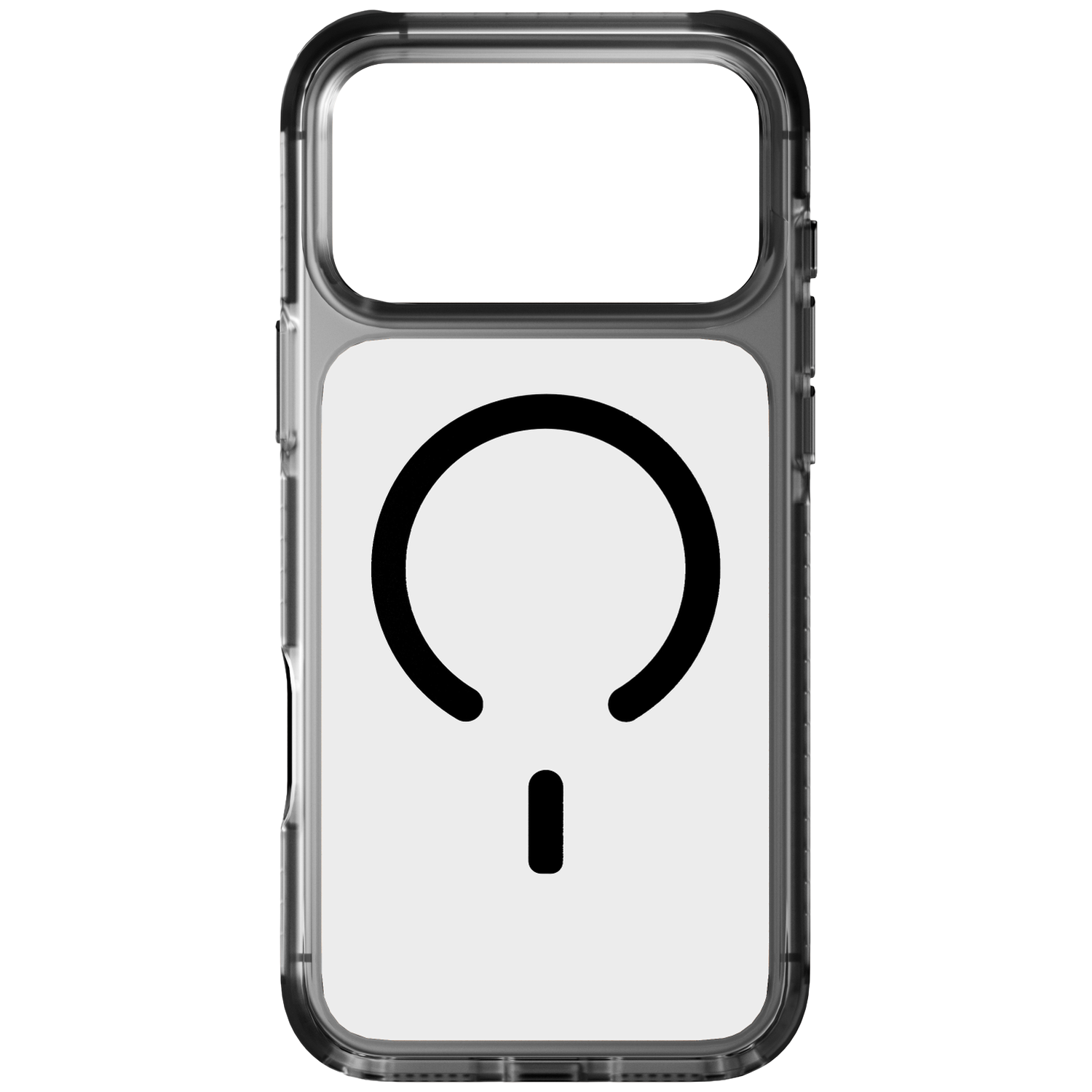Clear phone case with black circle and line pattern.