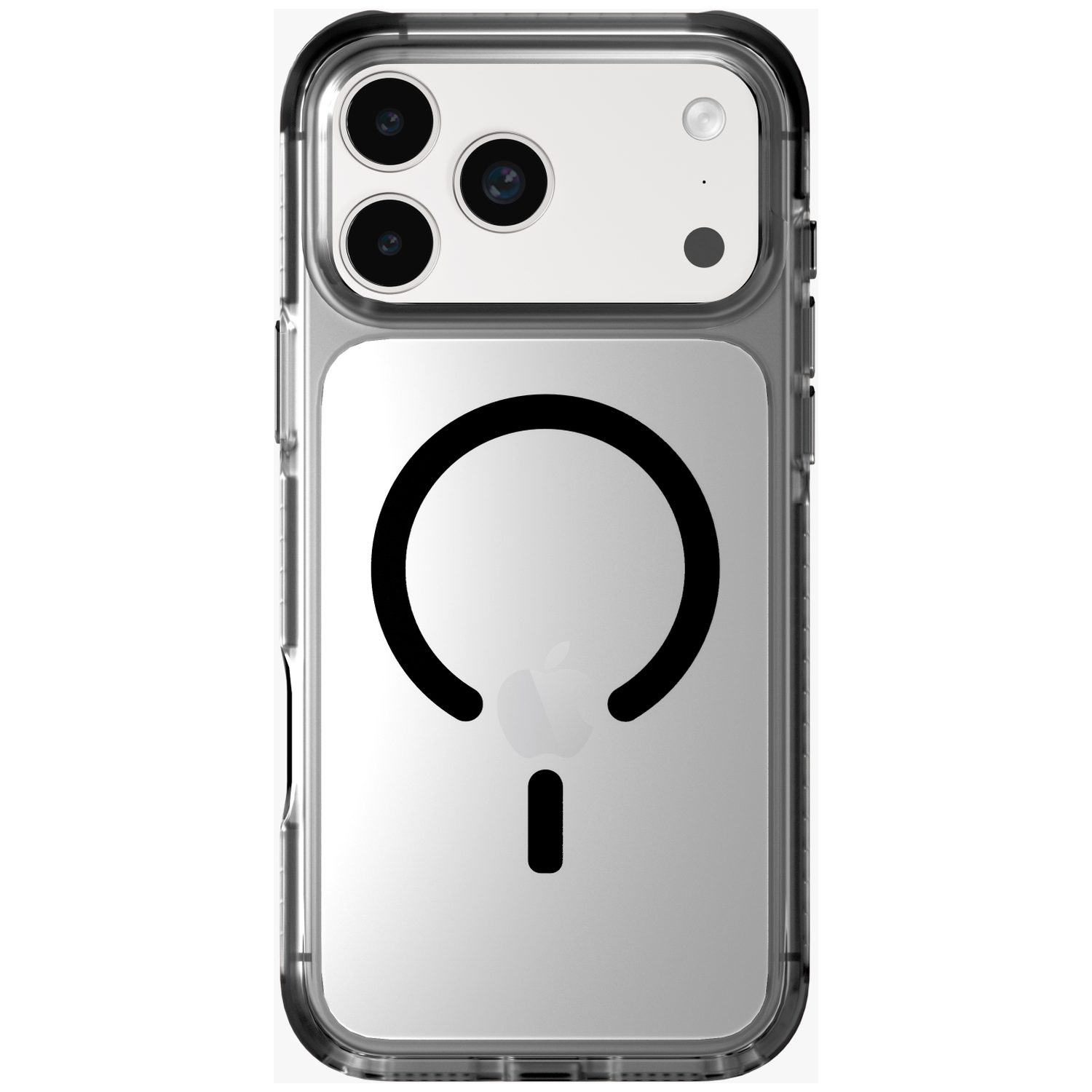 A clear iPhone case with black cameras and a black circle with an Apple logo.