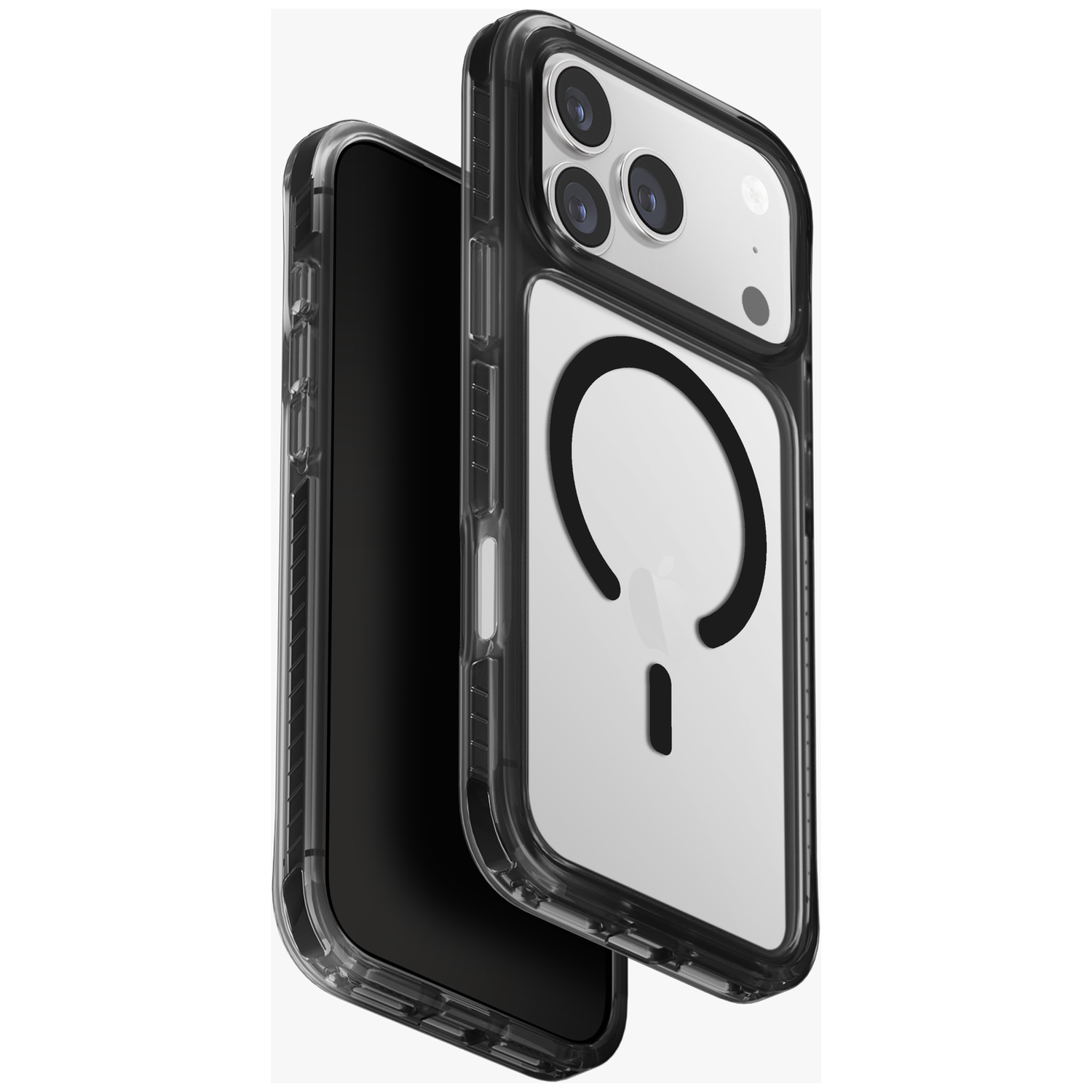 A clear iPhone case with a black frame and camera cutout.