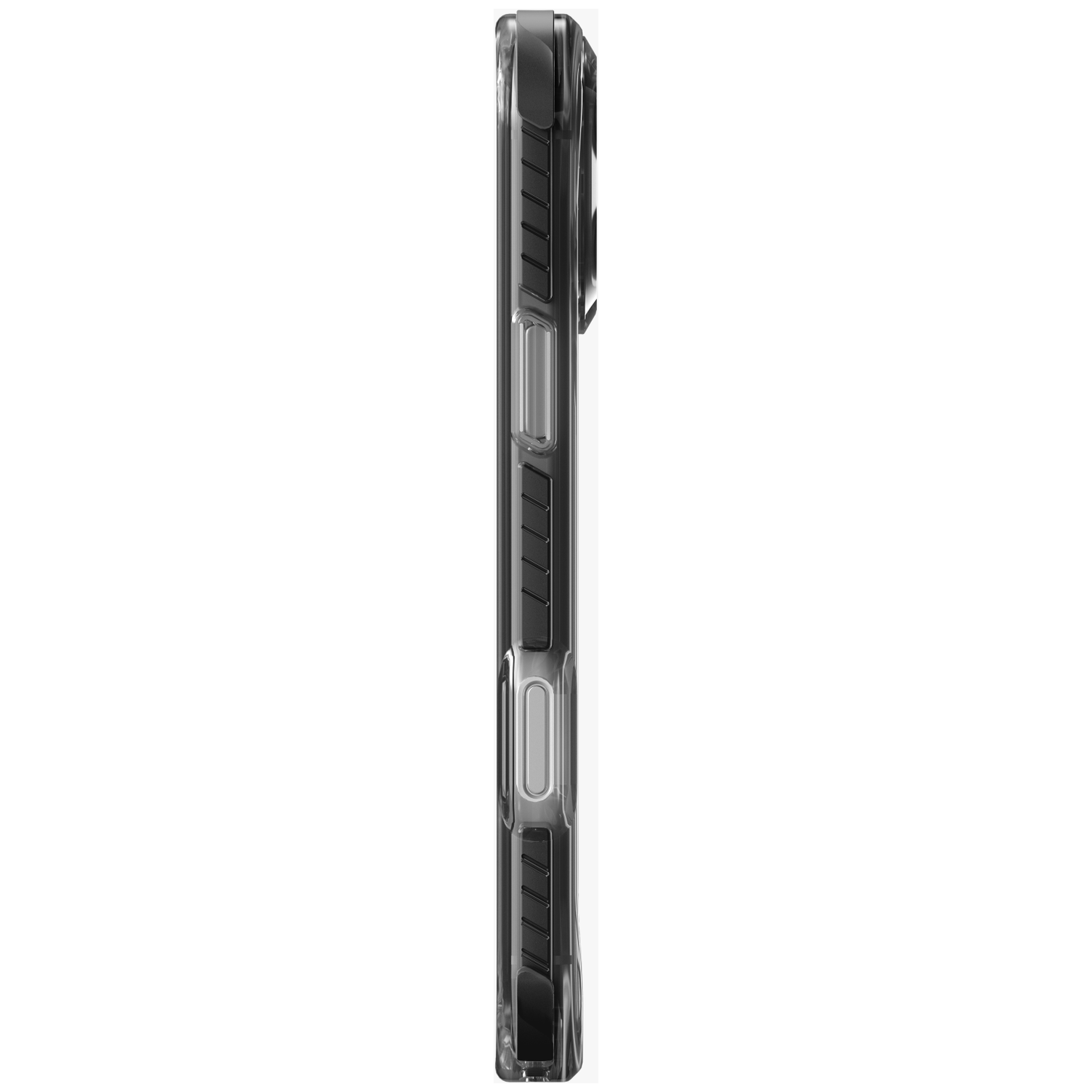 A clear phone case with black accents on a white background.