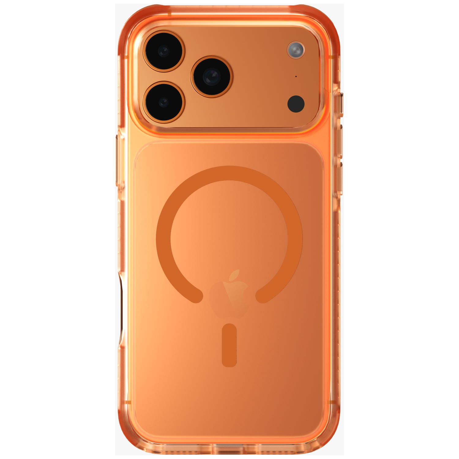 Clear orange iPhone case with triple camera and MagSafe logo.