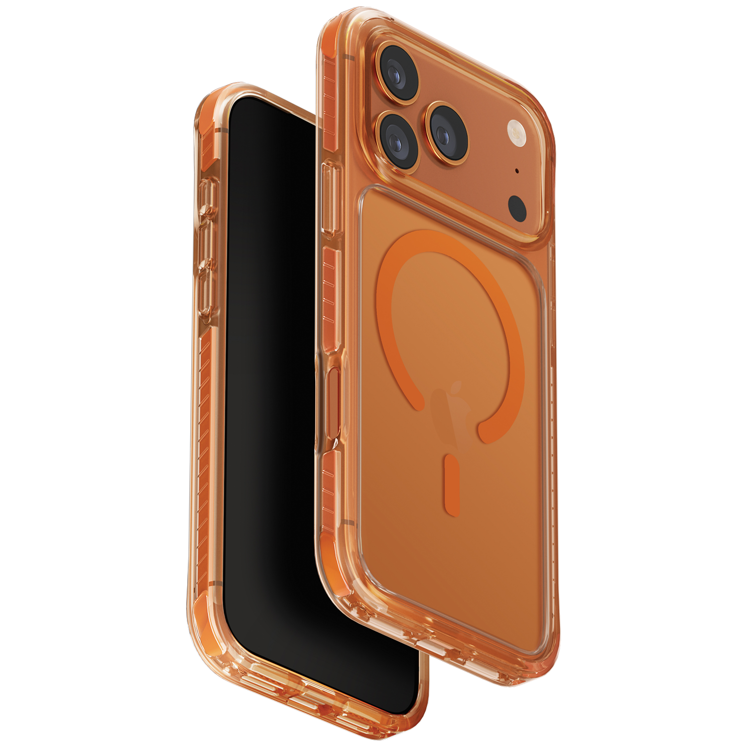 A clear orange iPhone case with a magnetic ring on a white background.