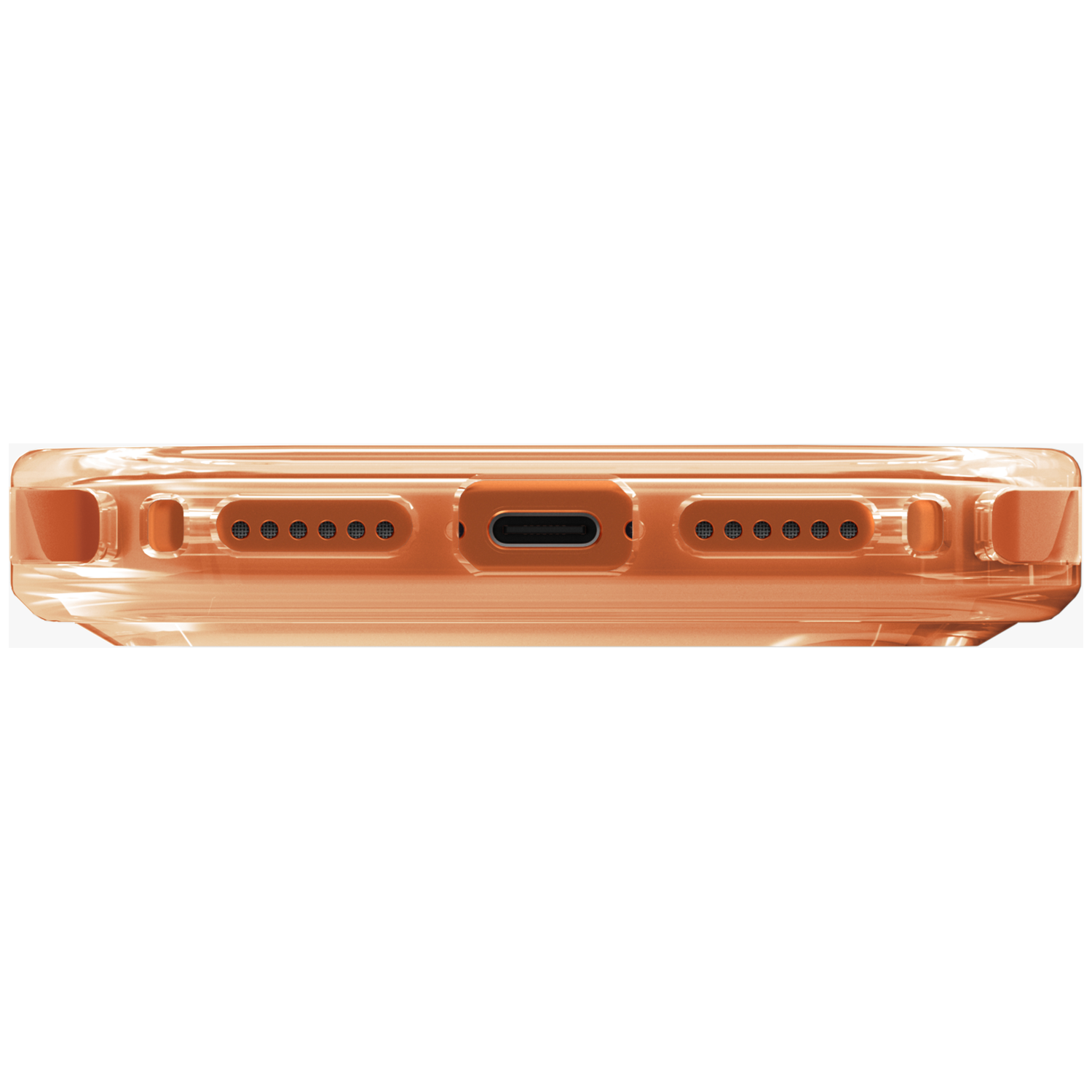 Close-up of a transparent orange phone case, showing charging port and speaker grilles.