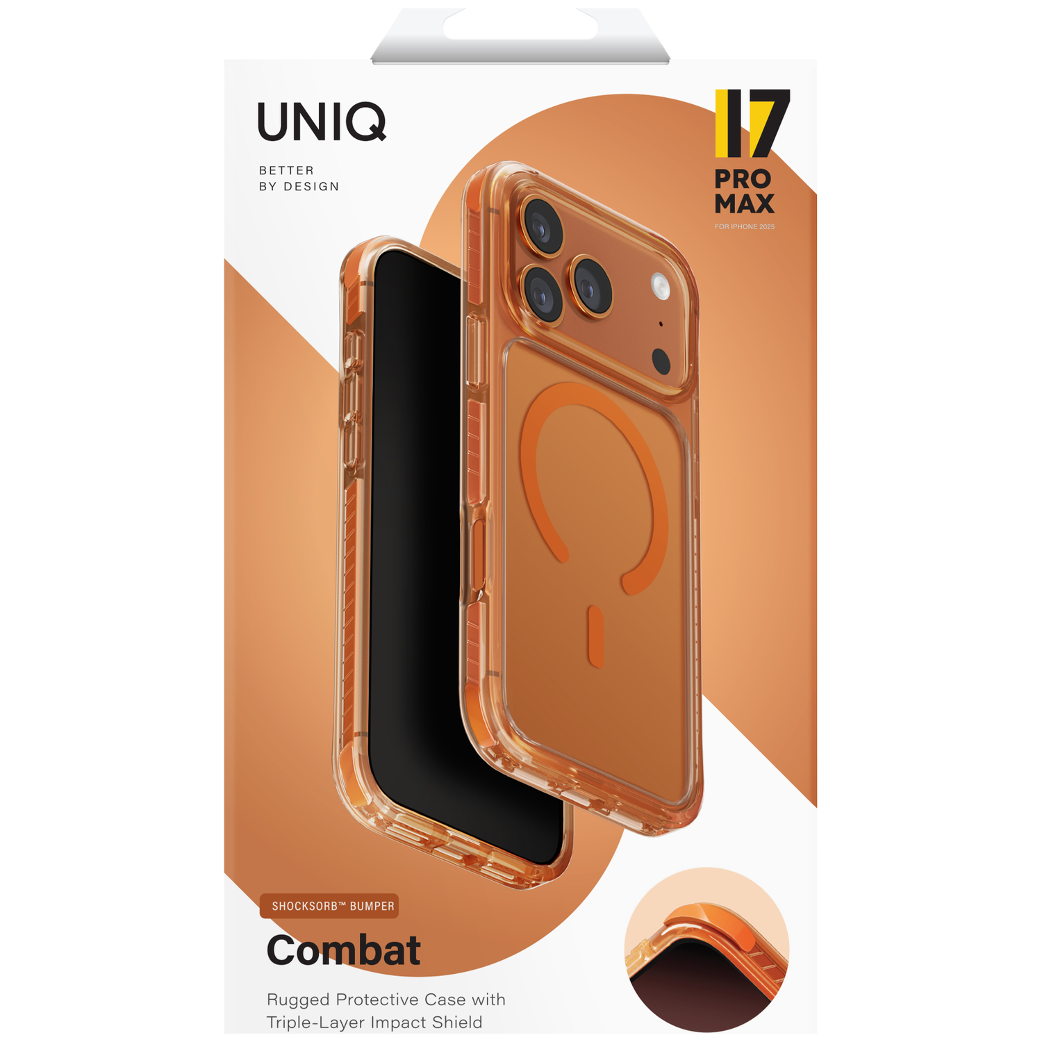 Orange UNIQ Combat case for iPhone 17 Pro Max with ShockSorb bumper.