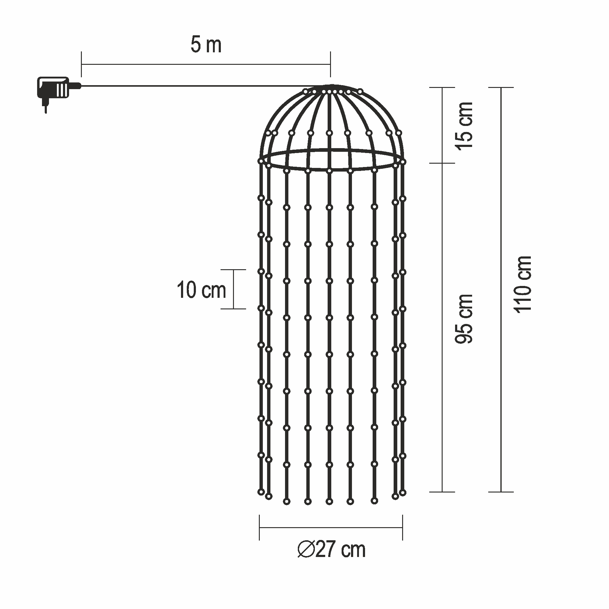 Fényfüggöny illusztráció méretekkel. Hálózati adapter, 5m kábel, 27cm átmérő, 110cm magasság.