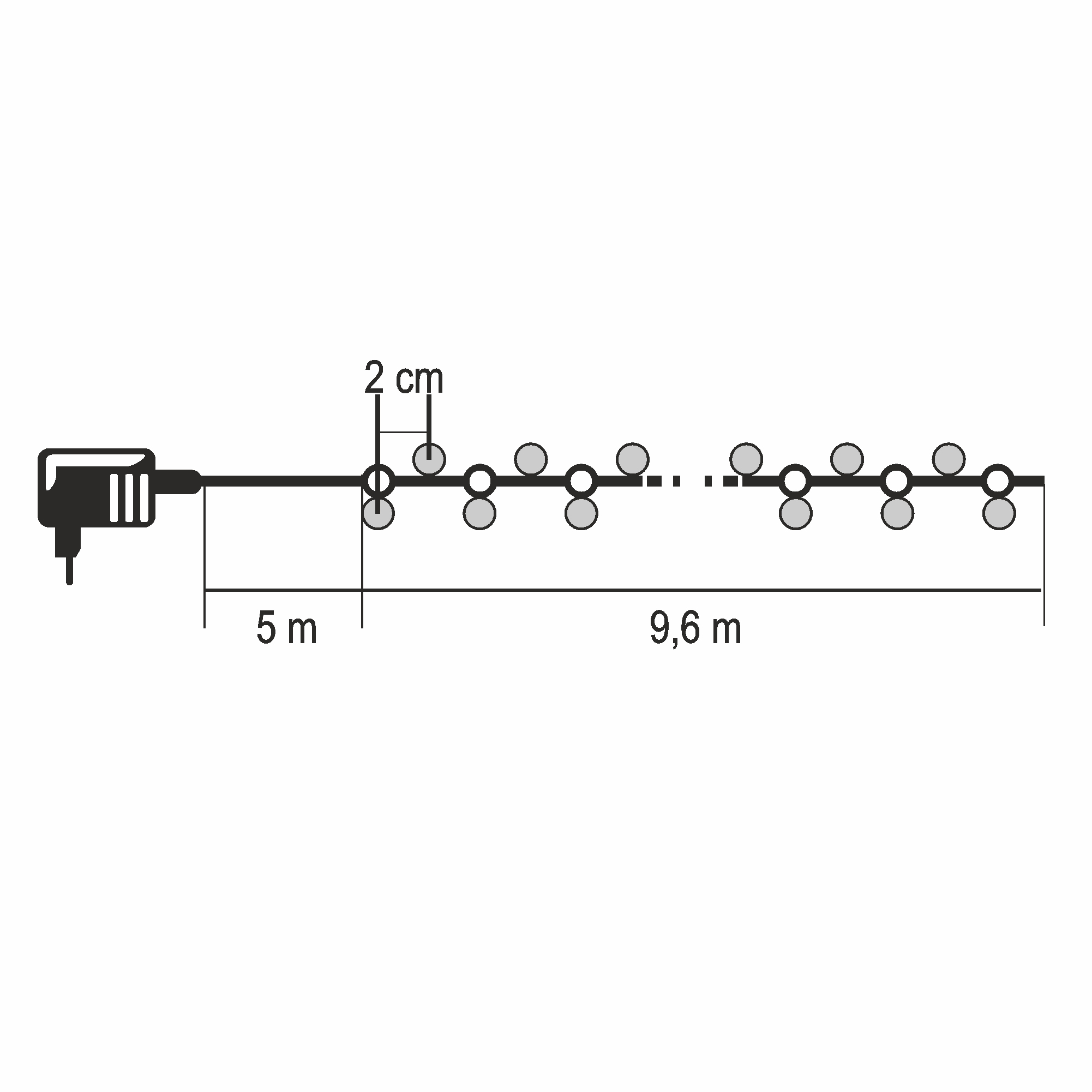 Villogó rajza dugóval, 5m kábel, 2cm távolság, 9,6m égősorként.
