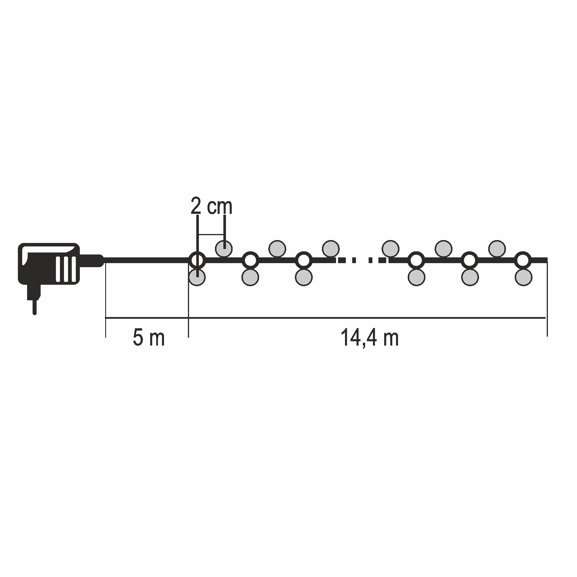 Egy fényfüzér 5m kábellel, 2cm távolsággal, 14,4m hosszal.