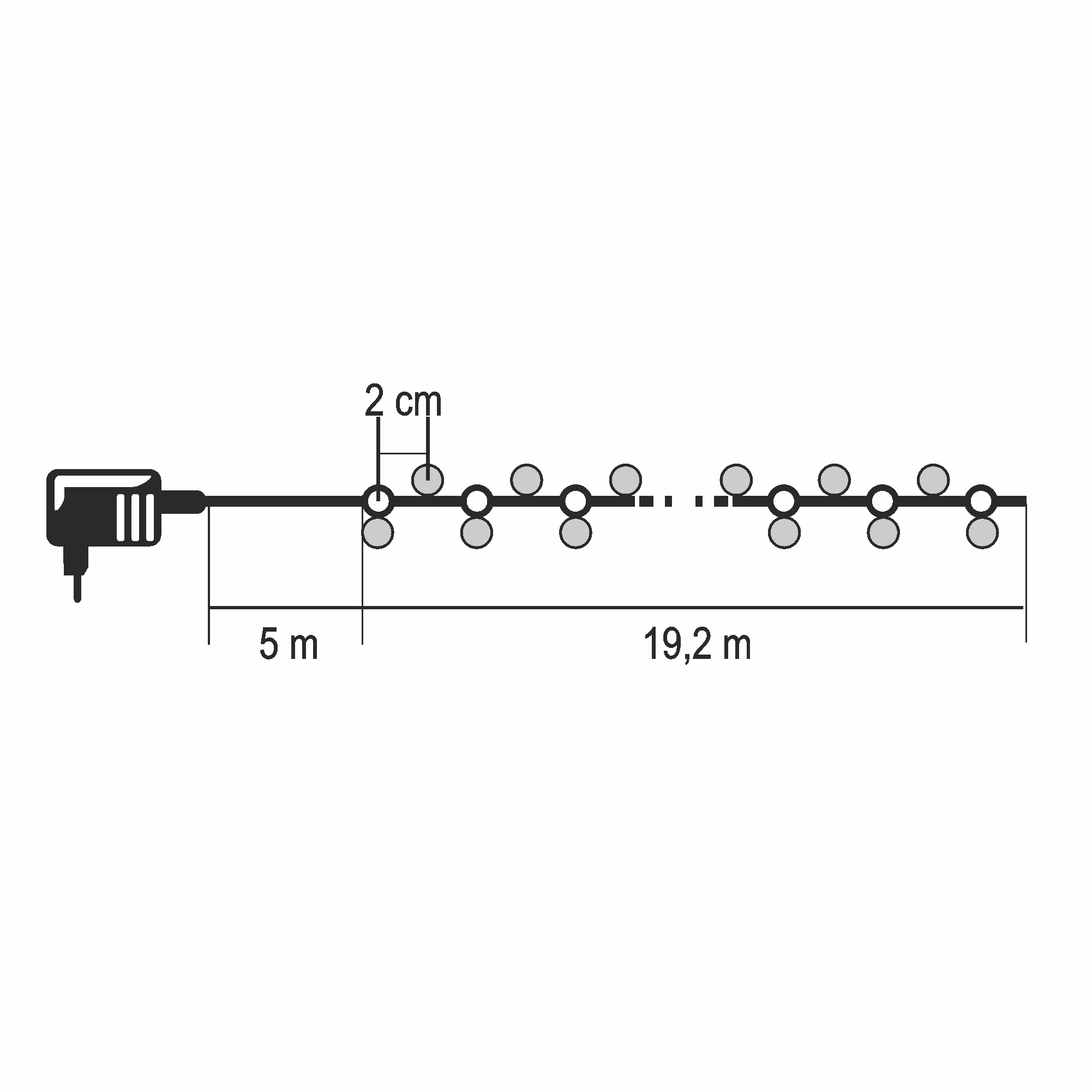 Fényfüzér rajza dugóval, 5m vezeték, 2cm távolság, 19,2m füzér.