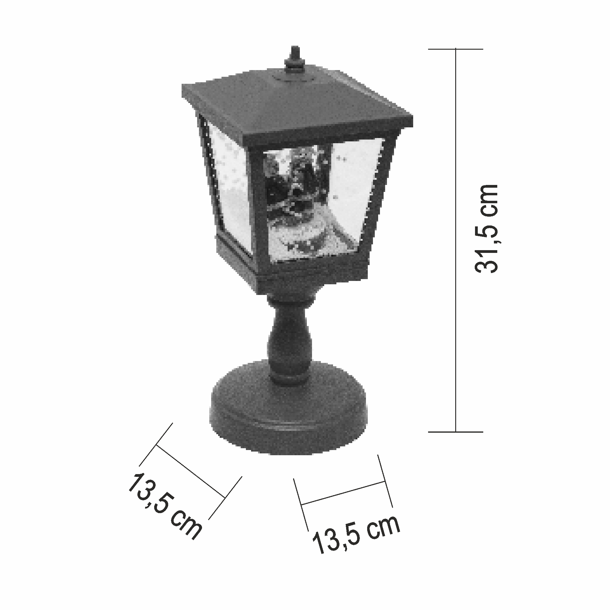 Fekete lámpa méretei: 31,5 cm magas, 13,5 cm széles és mély.