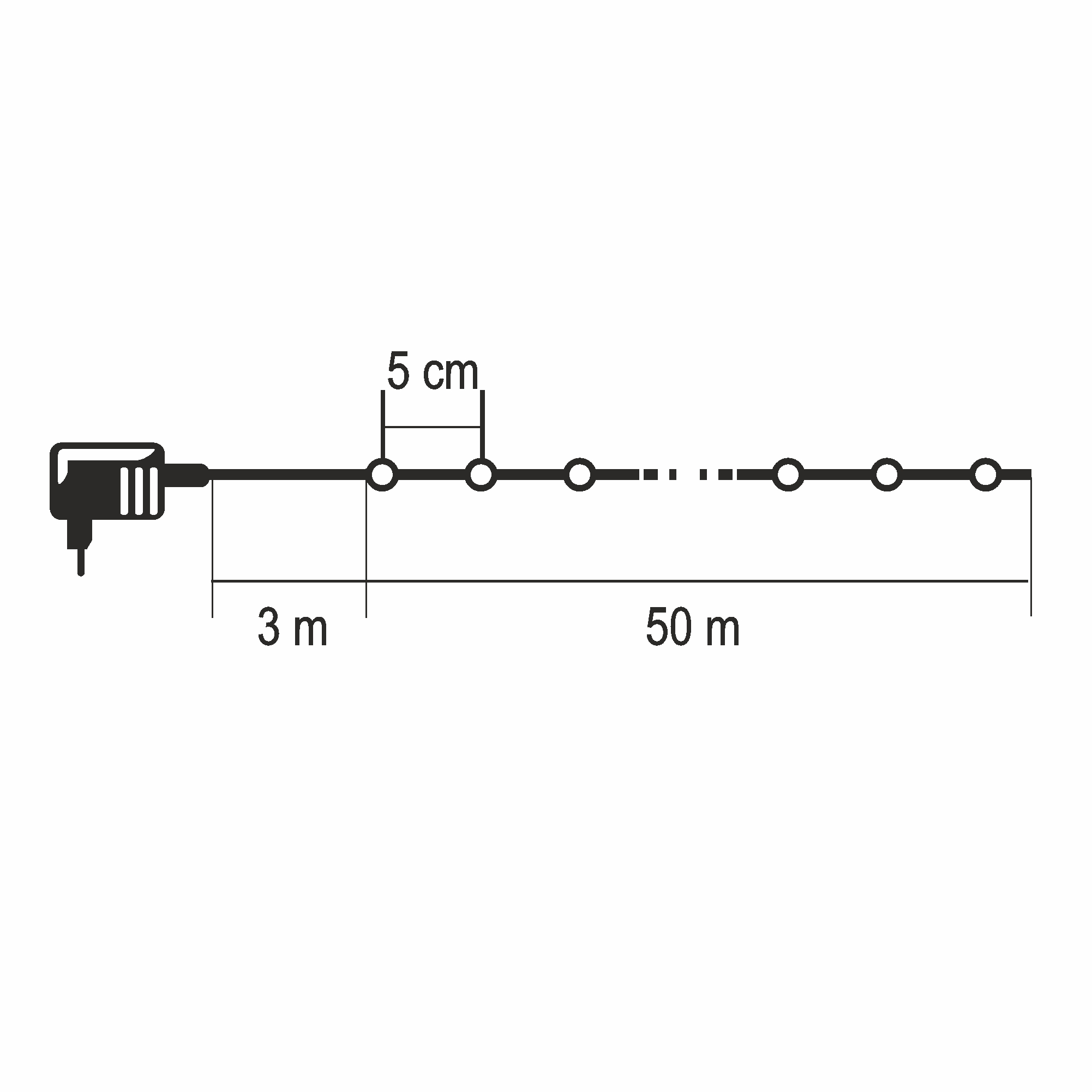 Hálózati adapter fényfüzérrel, 3 m-től, 5 cm távolság, 50 m teljes hossz.