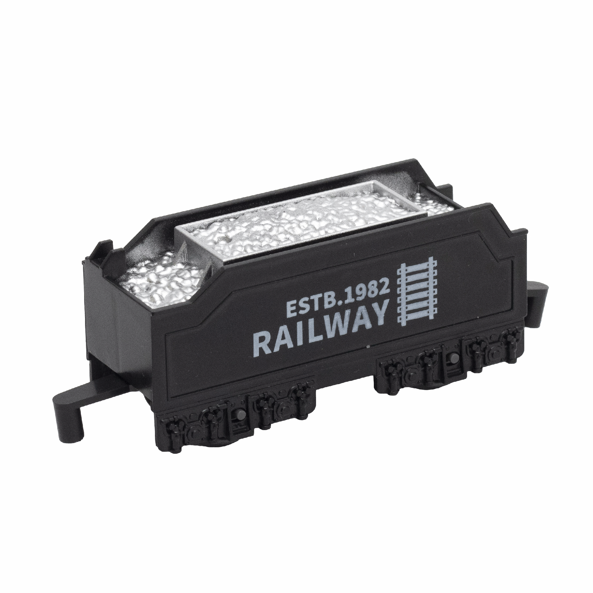 Fekete vagon ezüst tartalommal és ESTB.1982 RAILWAY felirattal.