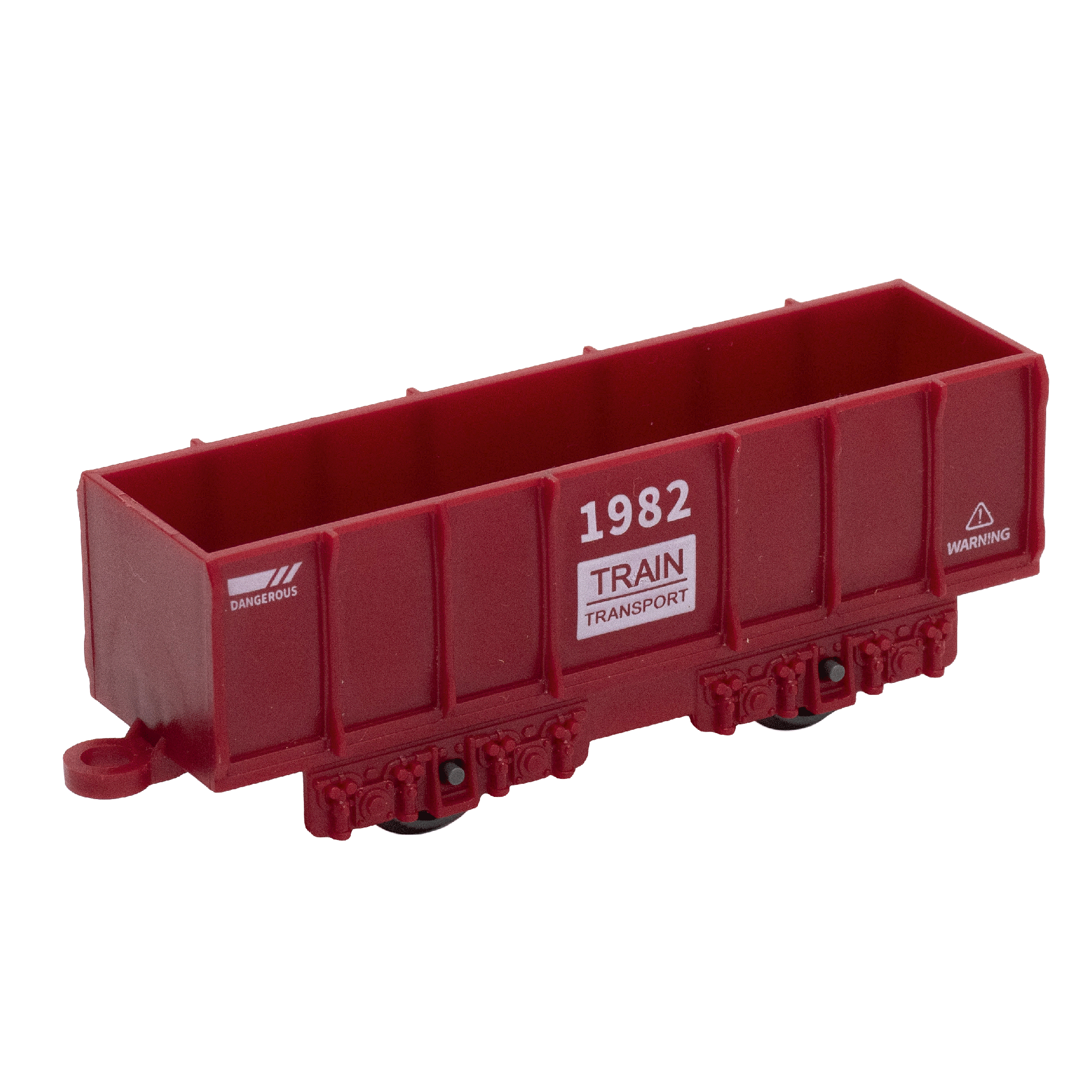 Piros játék vonatvagon '1982 TRAIN TRANSPORT' és 'DANGEROUS' feliratokkal.