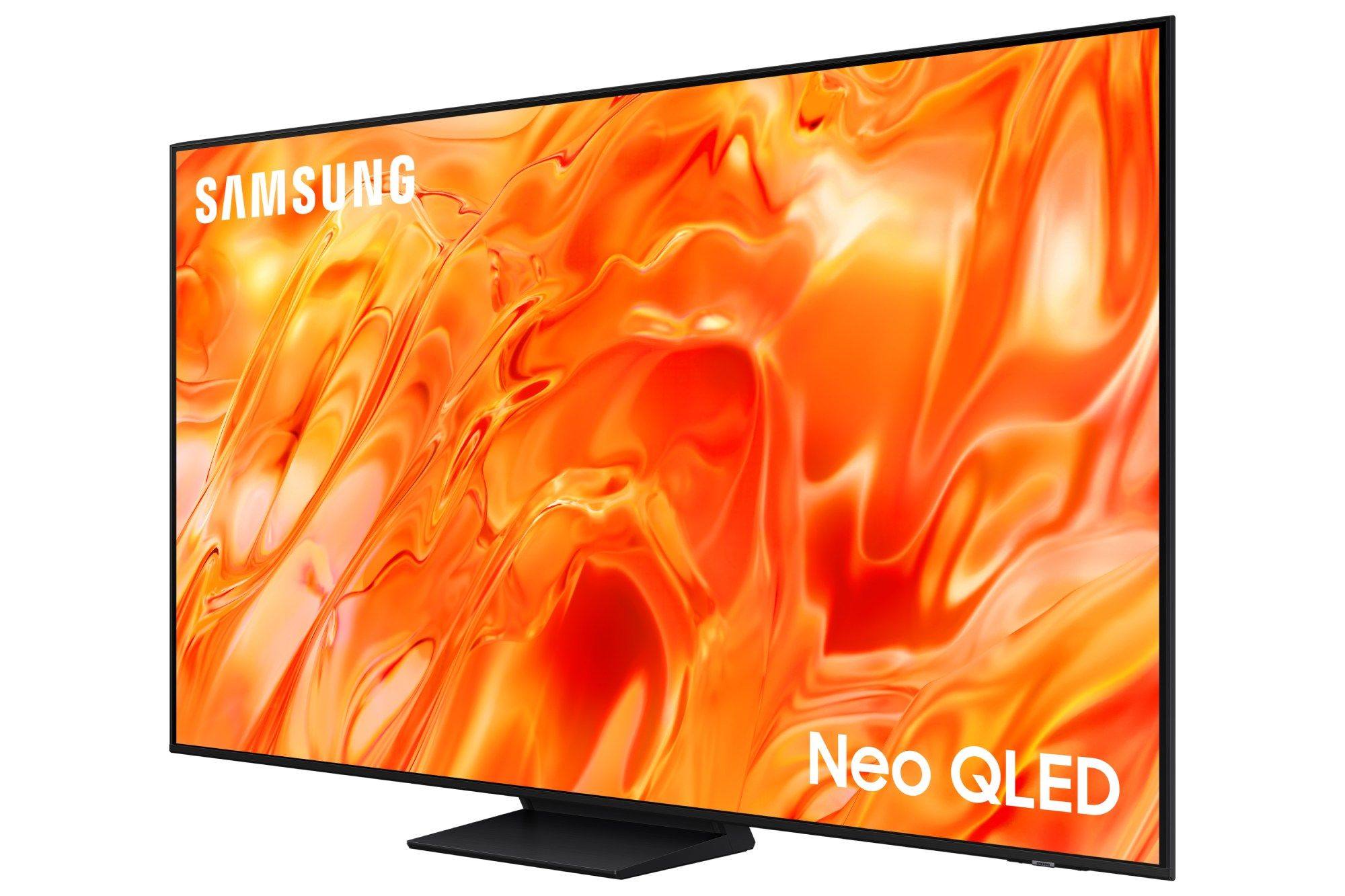 Un televisor Samsung Neo QLED con un patrón naranja y fluido en la pantalla.