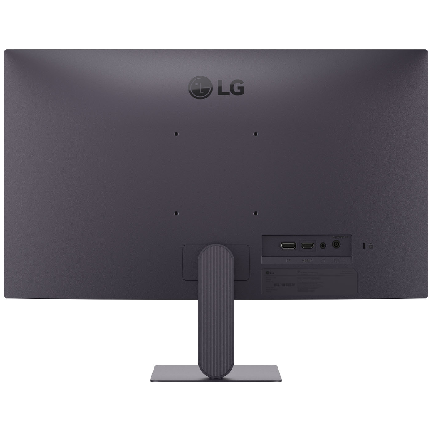 Achterkant van een grijze monitor met LG-logo en poorten.
