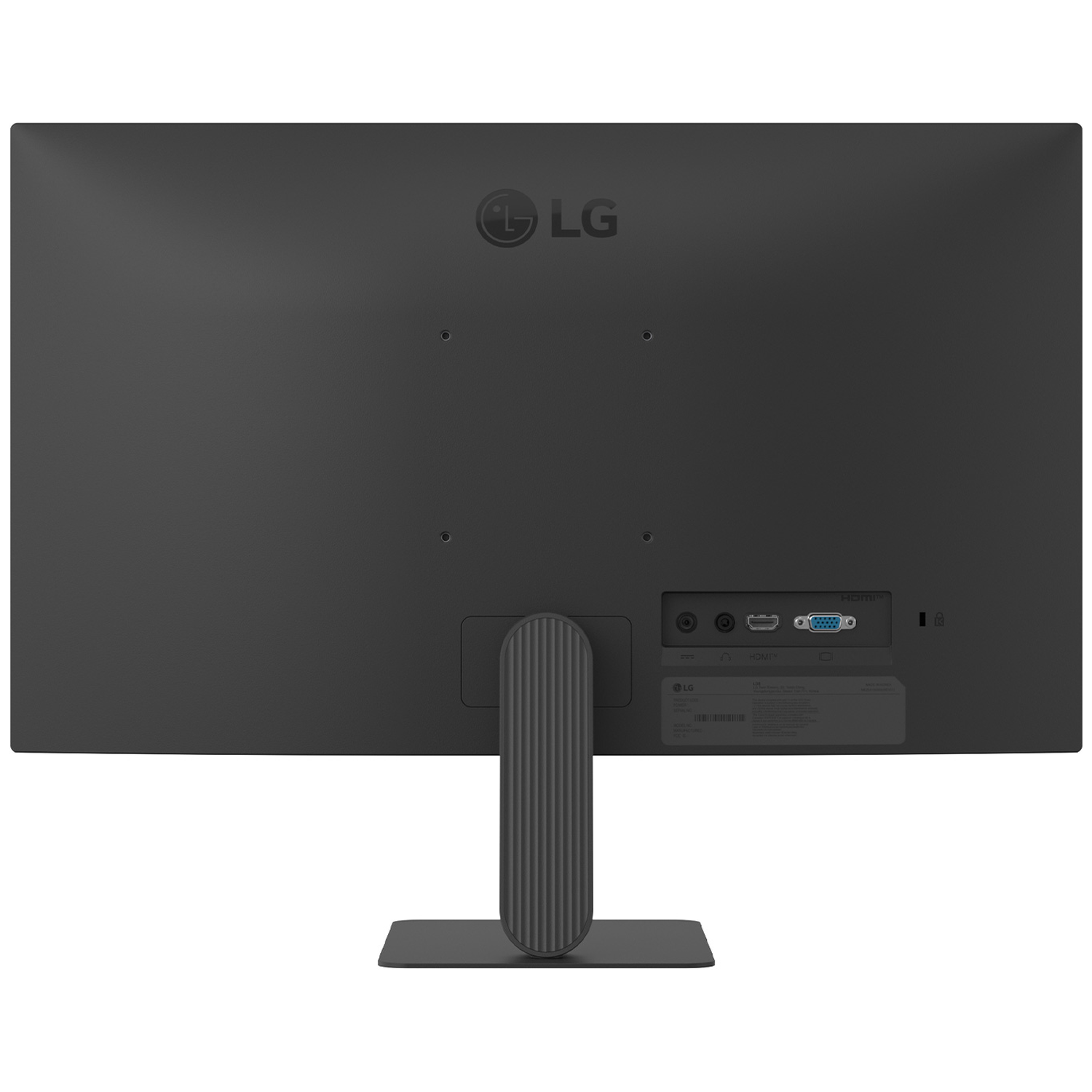 Achterkant van een zwarte LG monitor met poorten en standaard.