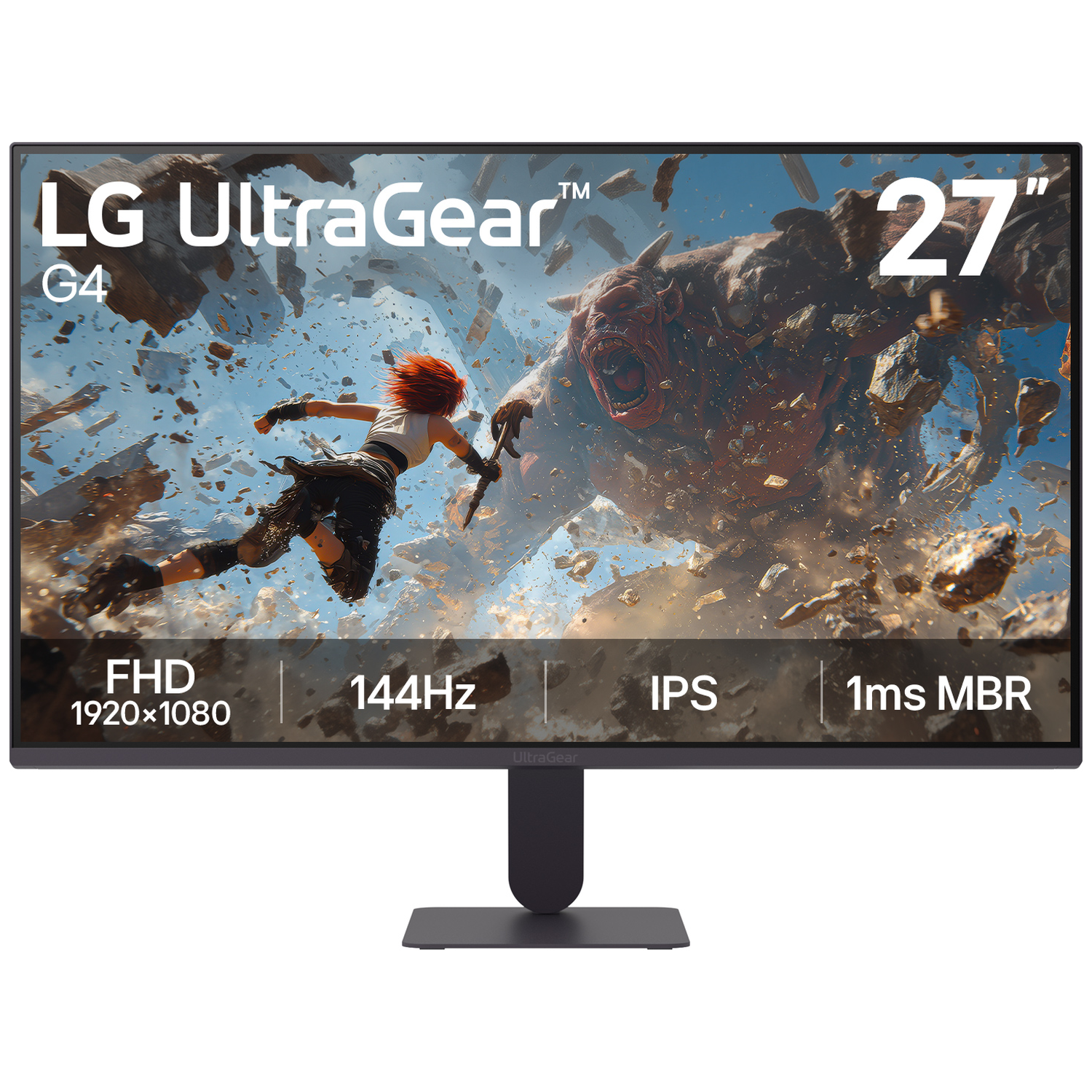 LG UltraGear 27 inch monitor toont een game-scène met een krijger die een monster bevecht.