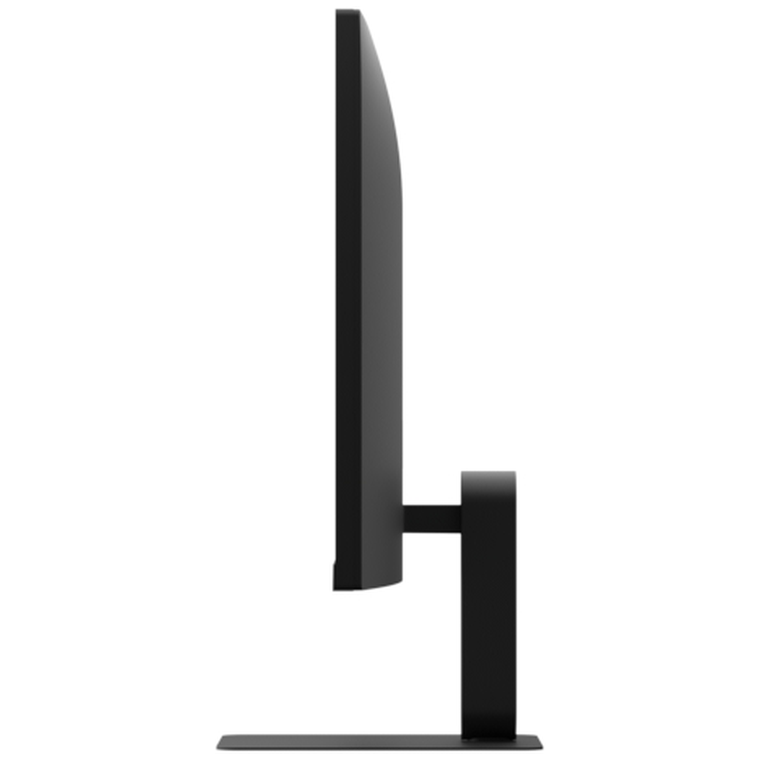 Zwarte computermonitor met standaard, zijaanzicht.