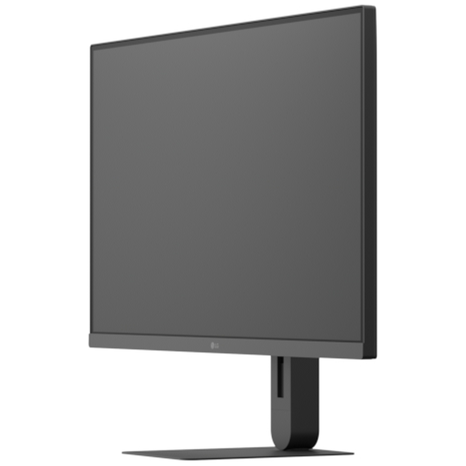 Een grijze LG monitor op een standaard, van de zijkant bekeken.