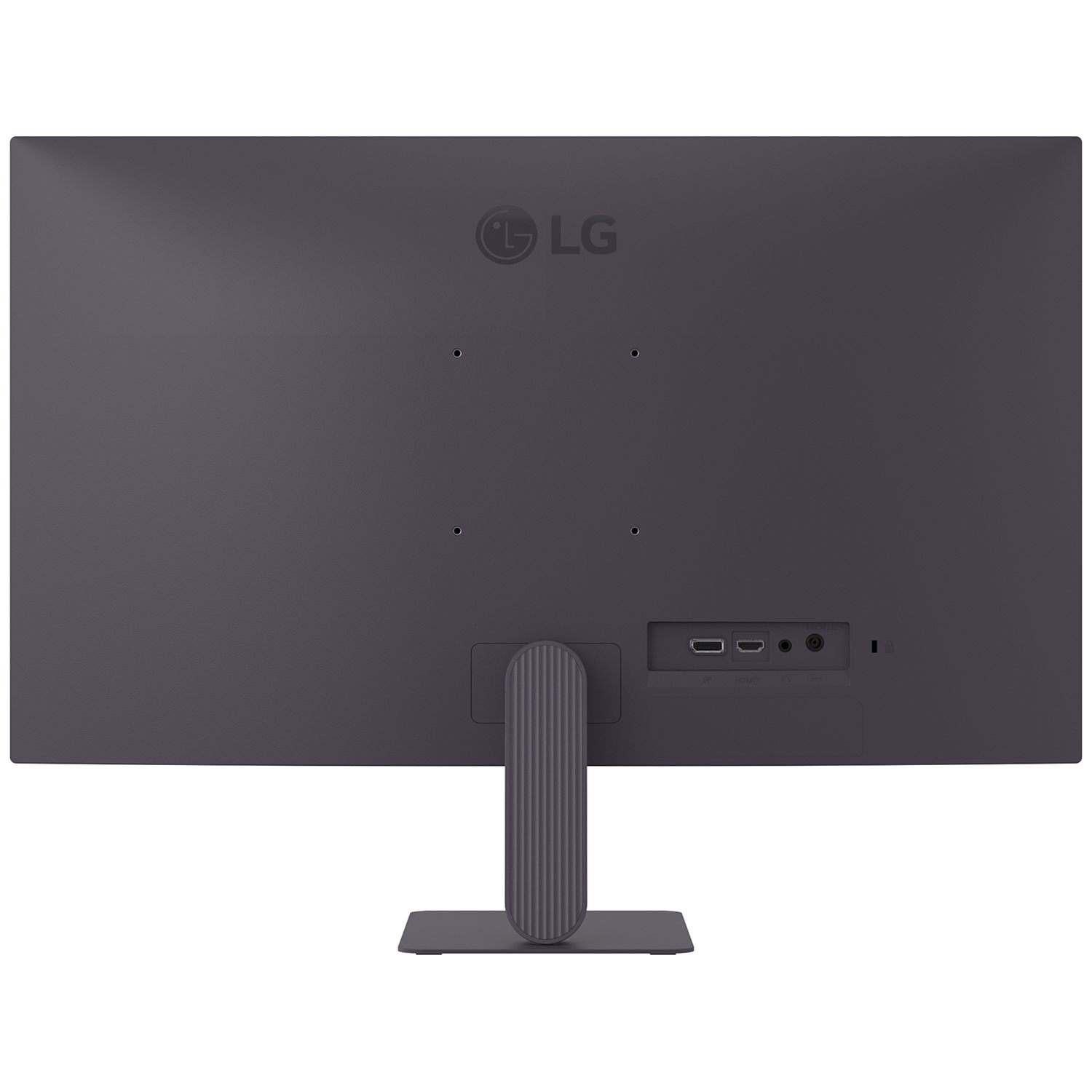 Achterkant van een grijze LG monitor met poorten en standaard.
