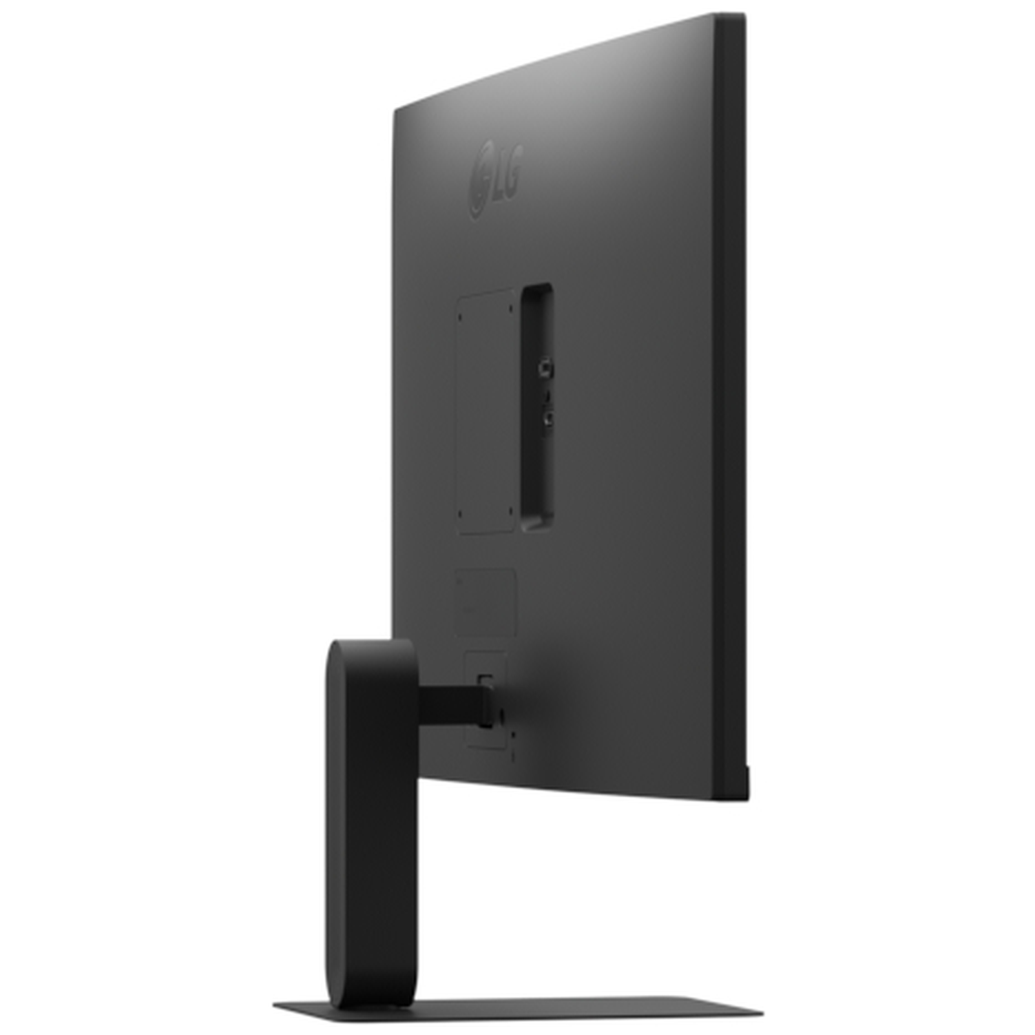 Achterkant van een zwarte LG monitor met standaard en poorten.
