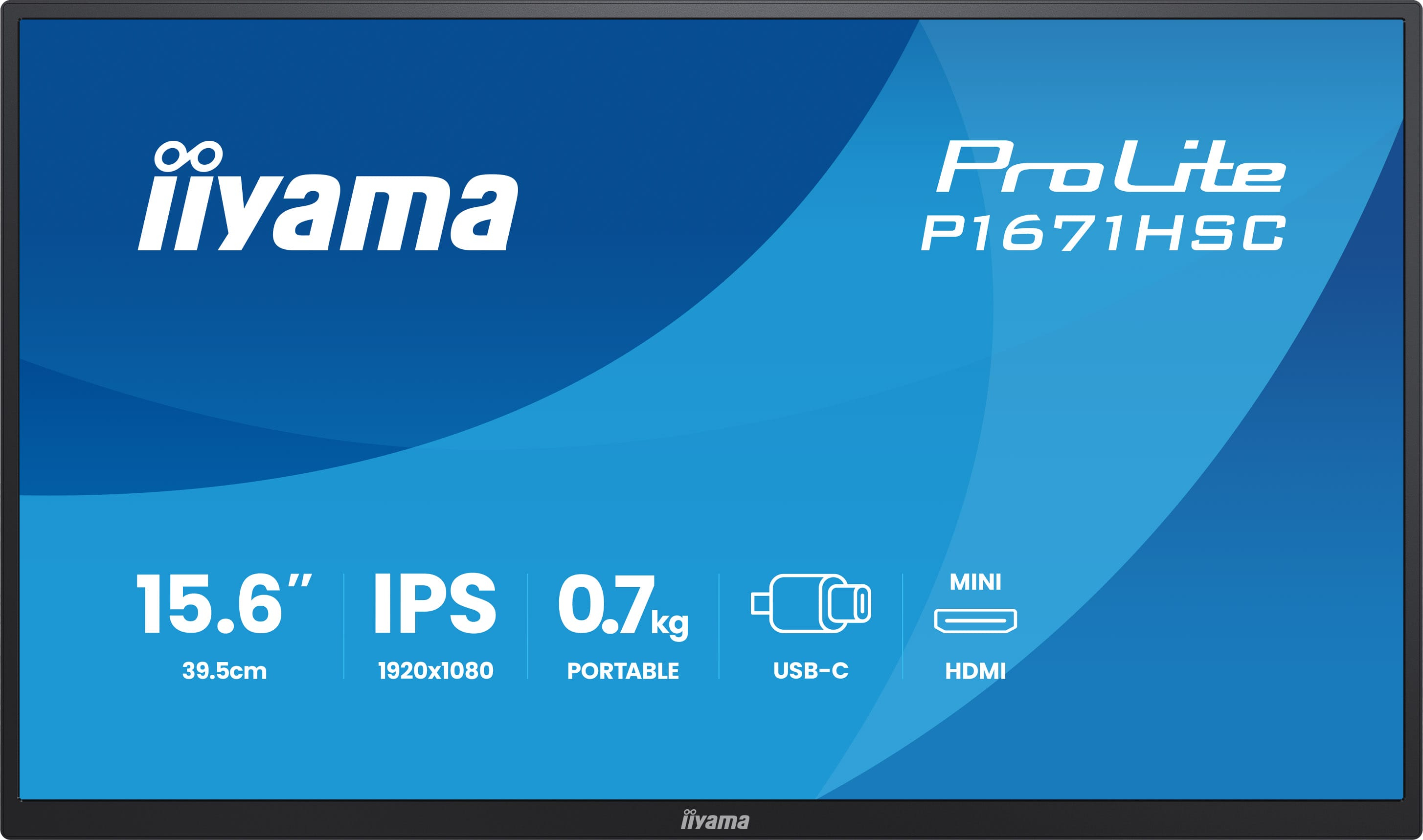 Niebieski monitor Iiyama ProLite z danymi technicznymi: 15,6 cala, IPS, USB-C i Mini HDMI.