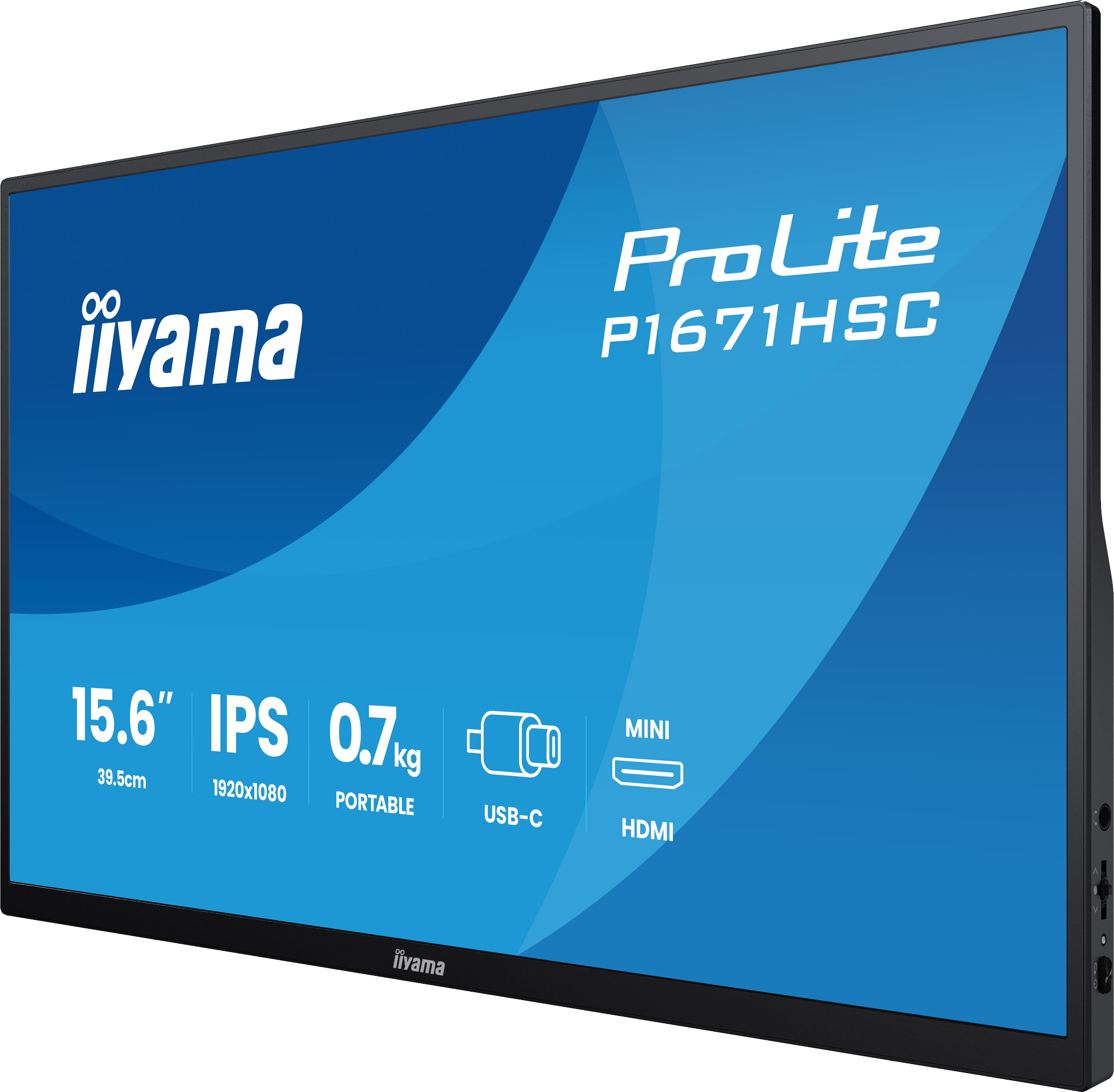 Monitor Iiyama ProLite P1671HSC z niebieskim ekranem przedstawiającym specyfikację: 15,6 cala, IPS, USB-C i Mini HDMI.