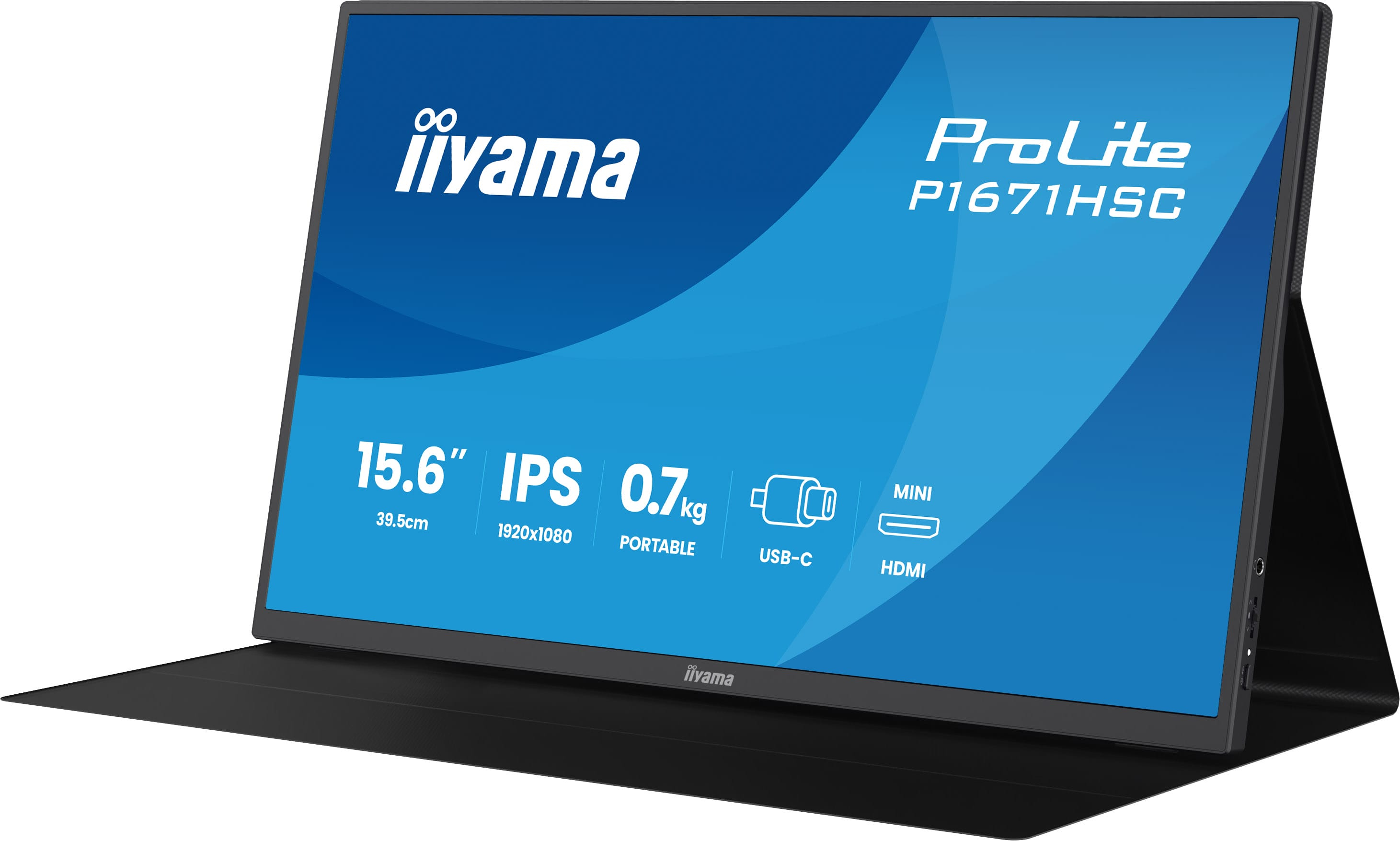 Czarny przenośny monitor IPS iiyama ProLite 15,6 cala z specyfikacją na niebieskim ekranie na białym tle.
