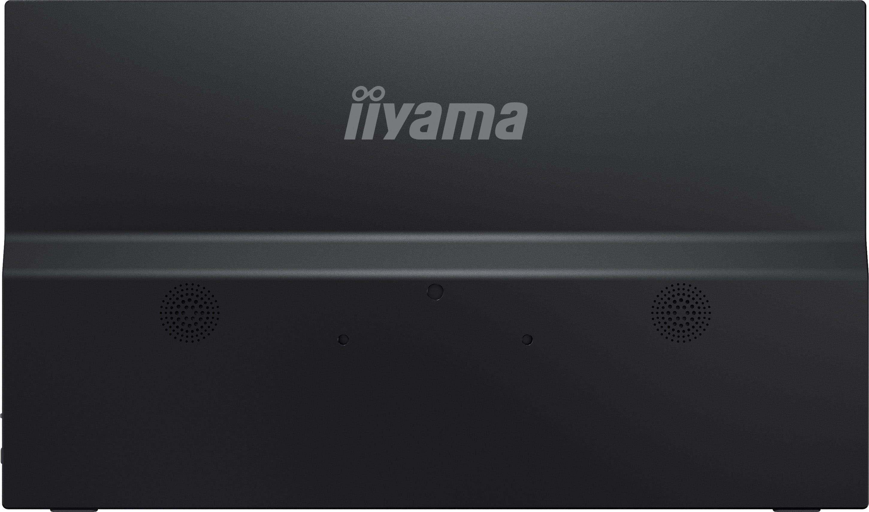 Widok z przodu czarnego monitora iiyama z głośnikami i logo.