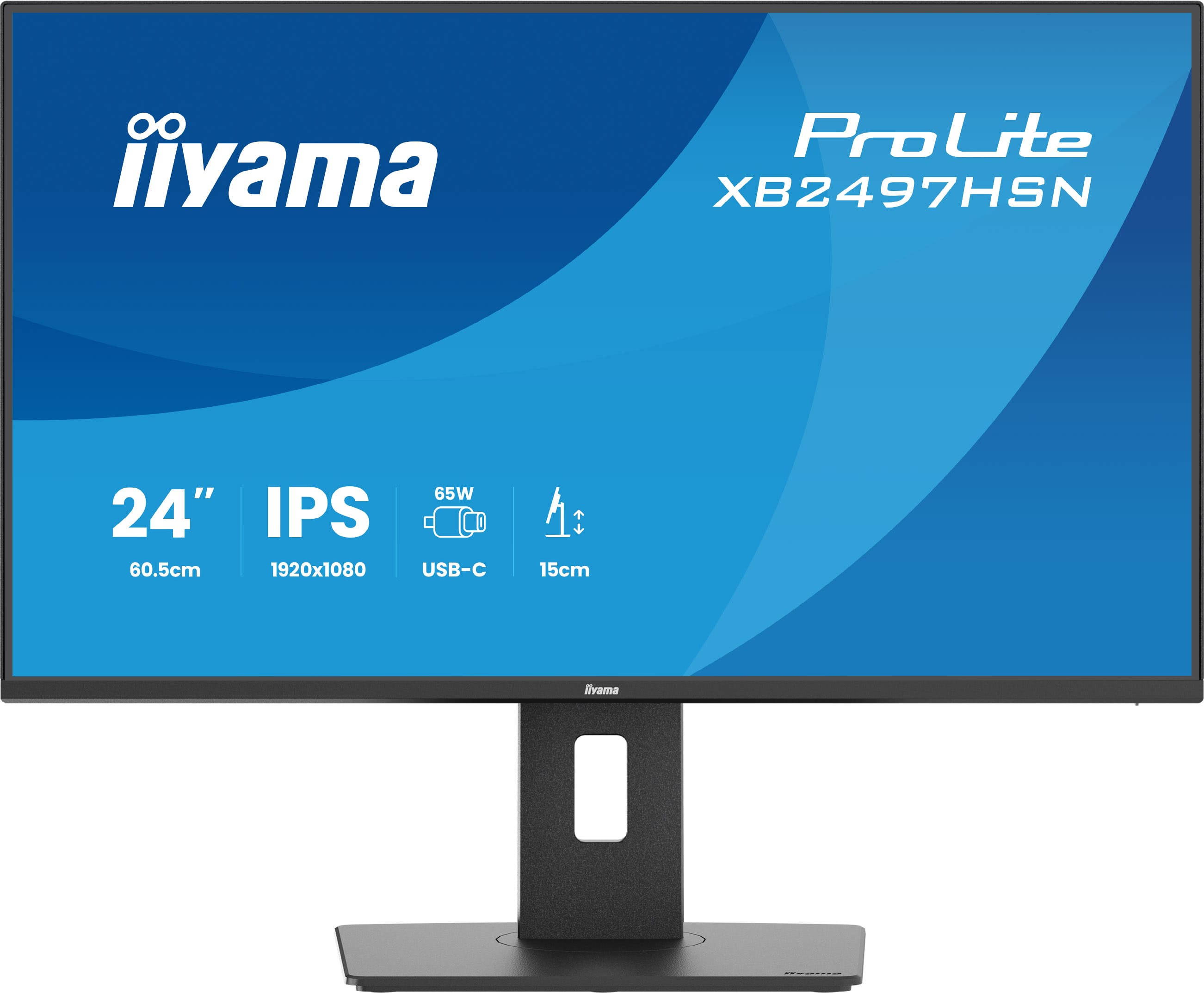 Widok z przodu czarnego monitora iiyama ProLite XB2497HSN z niebieskim ekranem i specyfikacją techniczną.