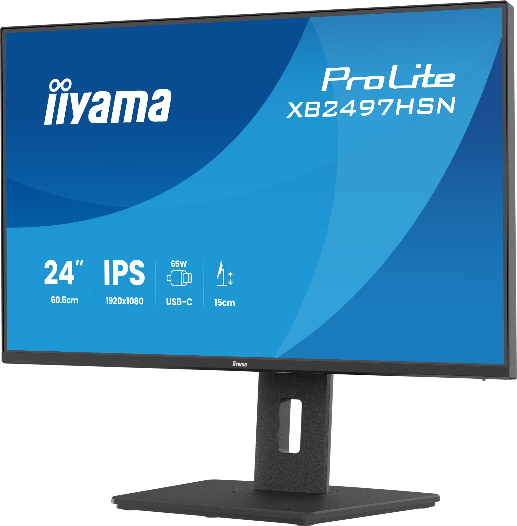 Monitor Iiyama ProLite XB2497HSN z niebieskim ekranem przedstawiającym specyfikacje takie jak 24", IPS, USB-C i regulacja wysokości.
