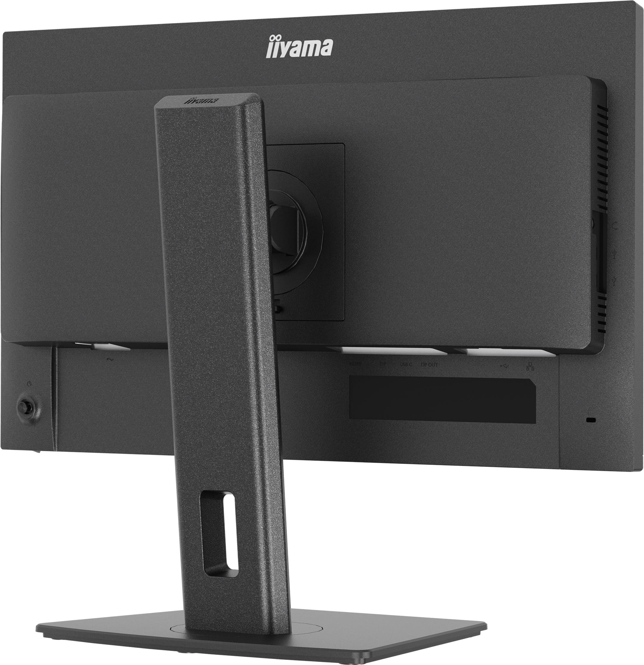 Widok z tyłu czarnego monitora iiyama z podstawką, portami i logo marki na górze.