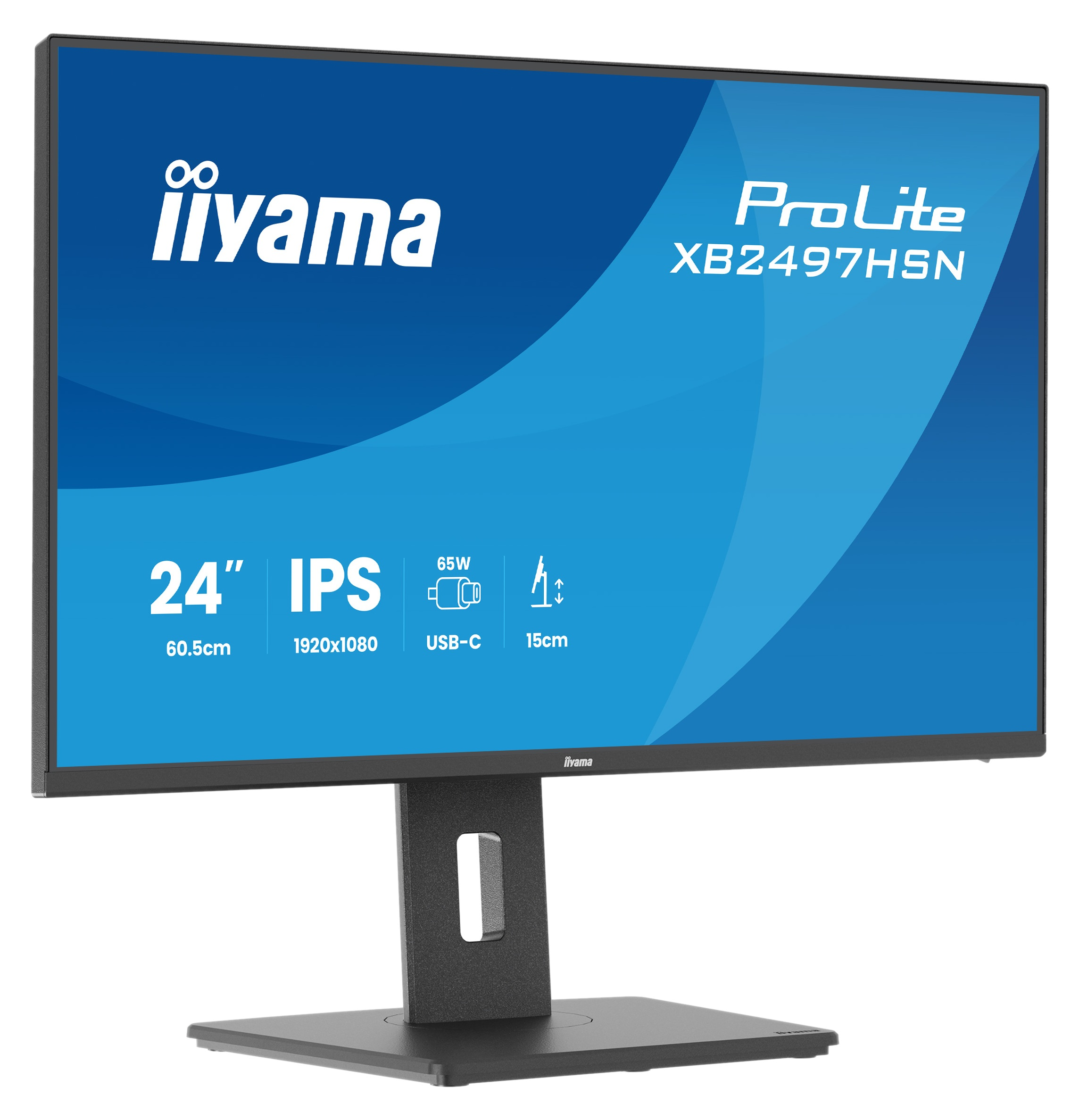 Czarny monitor iiyama ProLite XB2497HSN z niebieskim ekranem pokazującym specyfikację na czarnym tle.