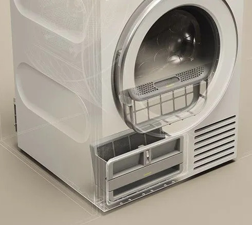 Biała suszarka do ubrań z widocznymi filtrami i szufladami.