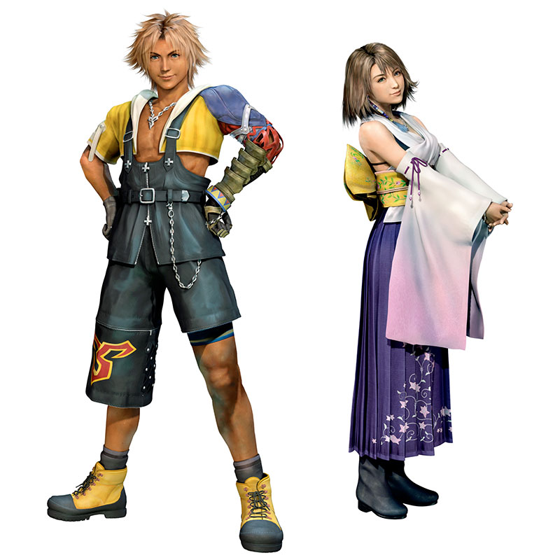 Hombre rubio con top amarillo y pantalones cortos oscuros; mujer con kimono blanco y falda morada.