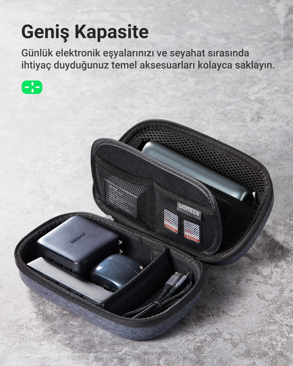 Elektronik eşyalar: powerbank, şarj cihazı, kulaklık ve kablolar, gri kumaş çantada.